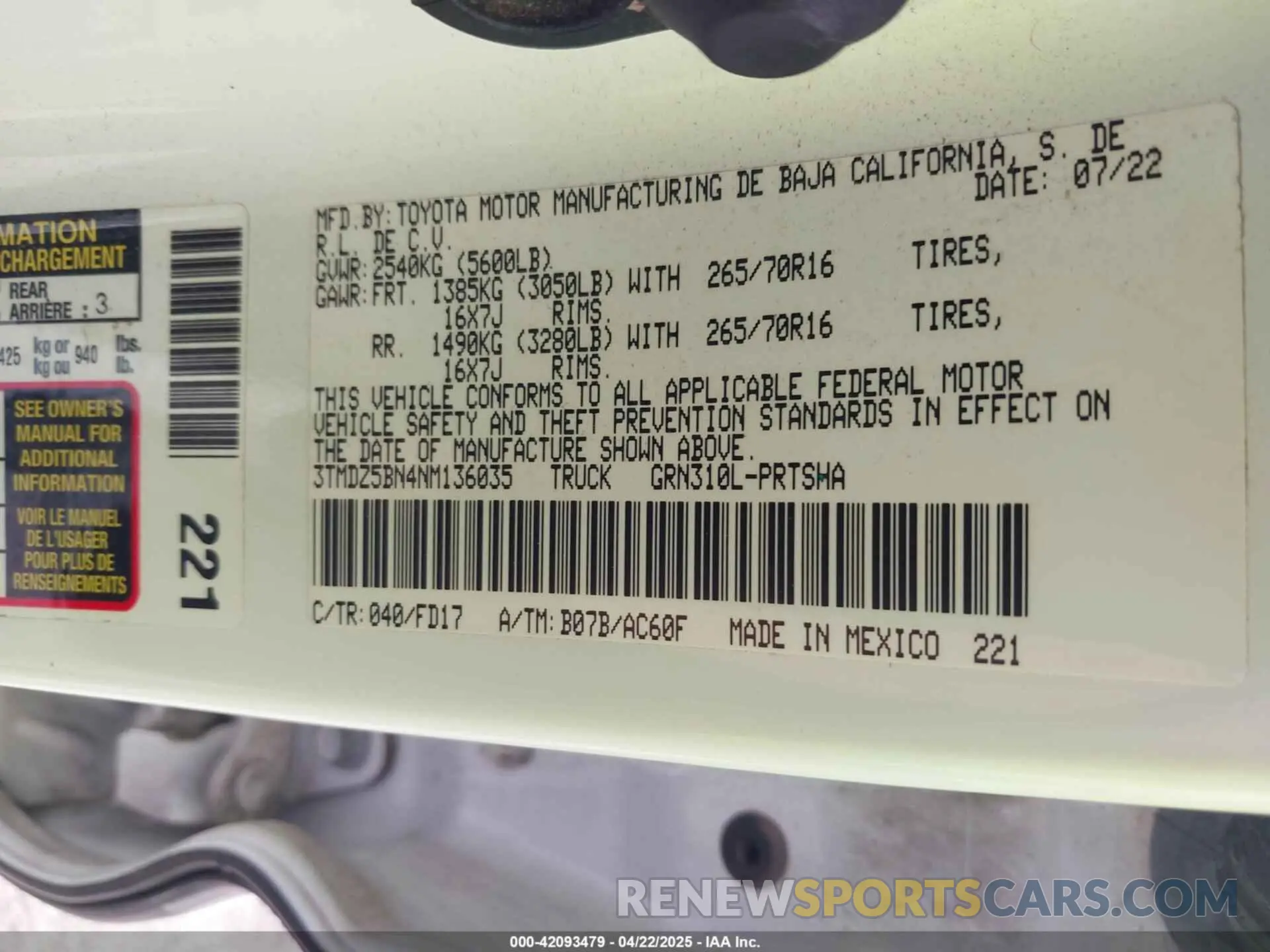9 fotografías del automóvil dañado 3TMDZ5BN4NM136035 TOYOTA TACOMA 2022