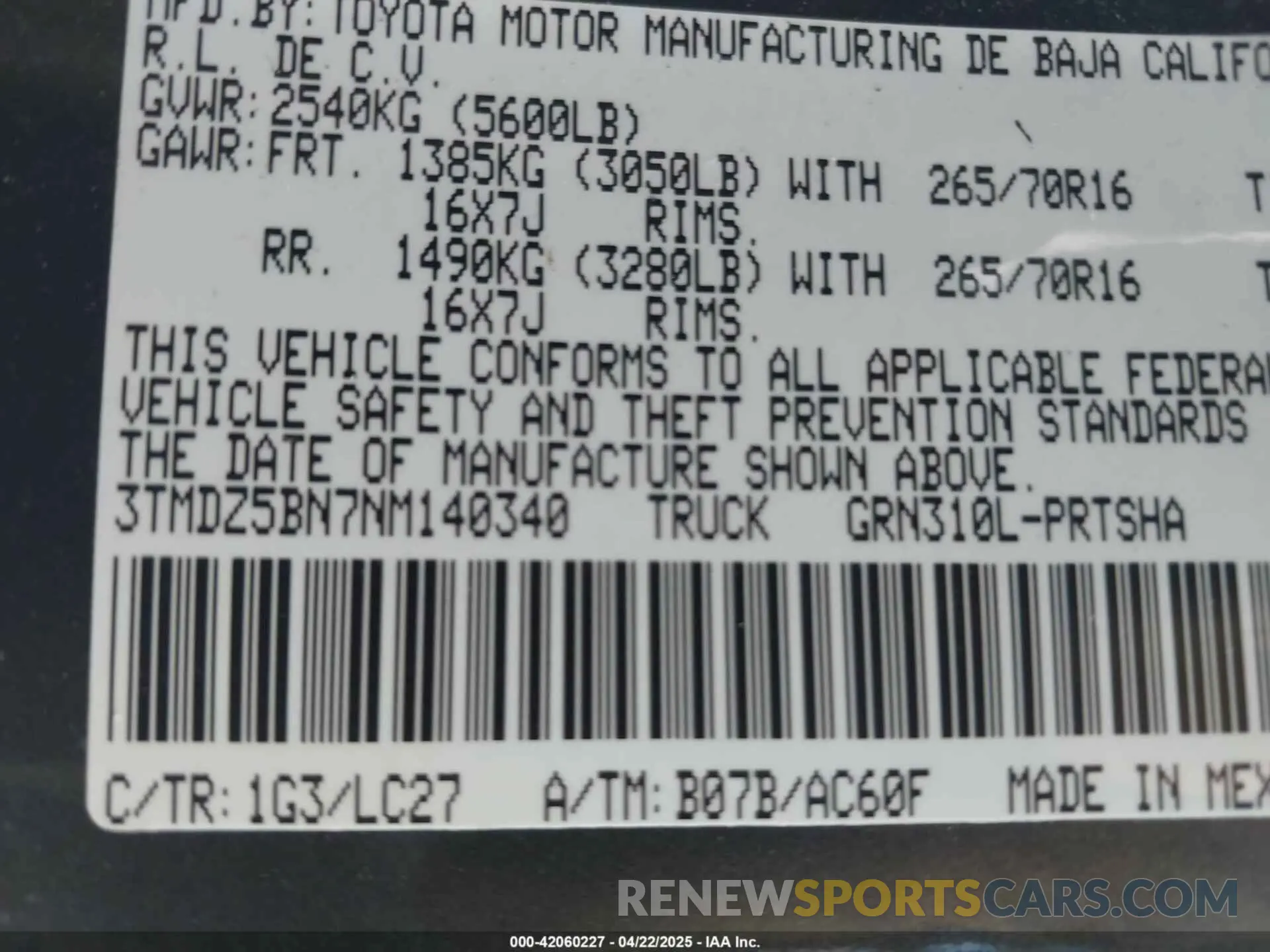 9 fotografías del automóvil dañado 3TMDZ5BN7NM140340 TOYOTA TACOMA 2022