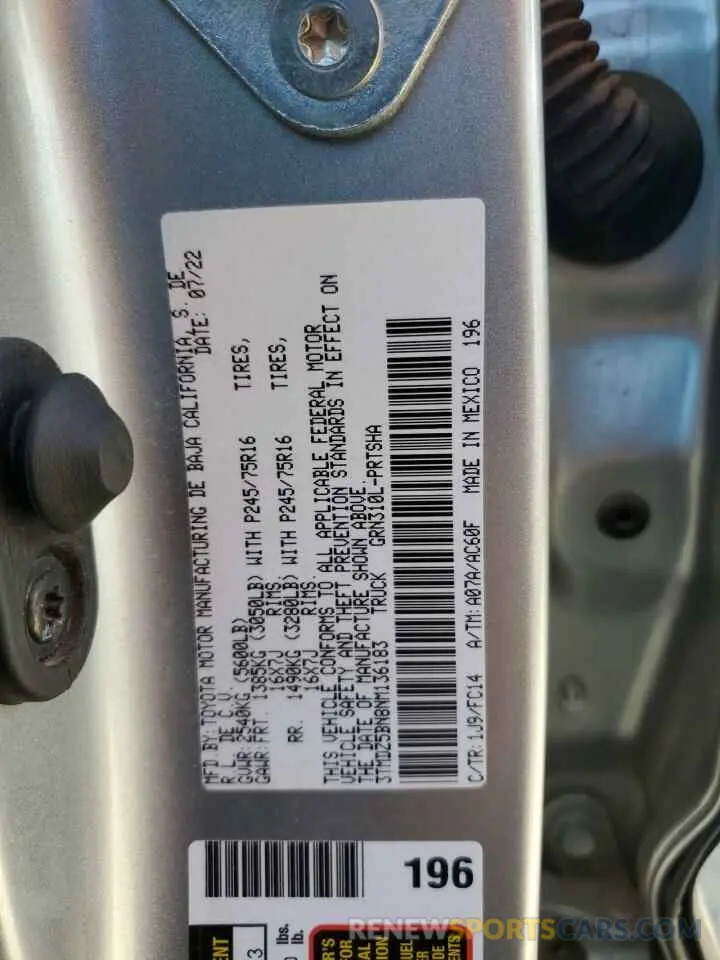 13 fotografías del automóvil dañado 3TMDZ5BN8NM136183 TOYOTA TACOMA 2022