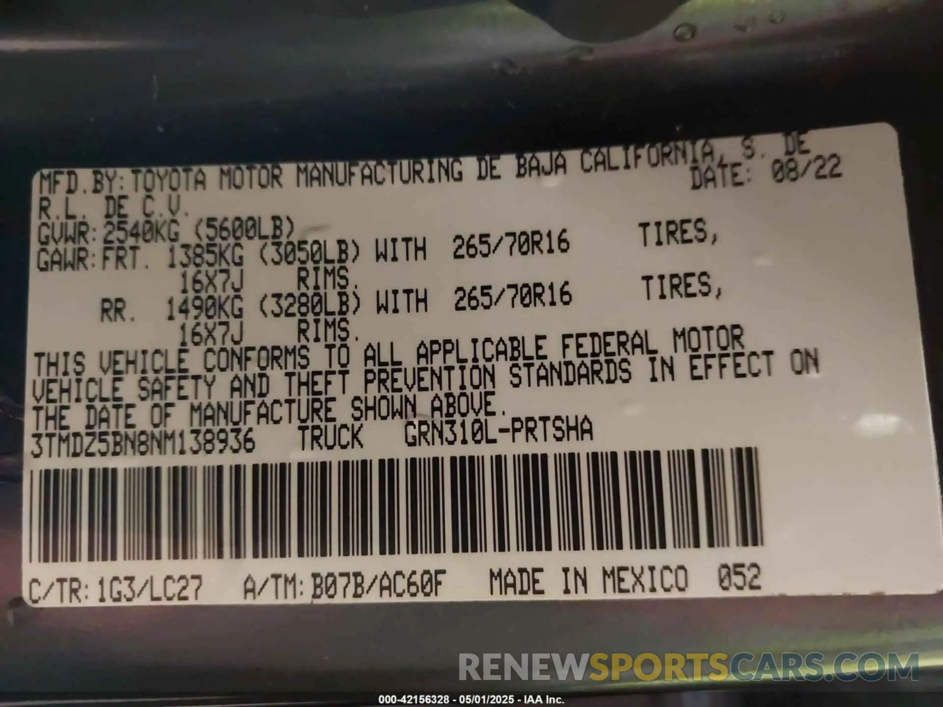 9 fotografías del automóvil dañado 3TMDZ5BN8NM138936 TOYOTA TACOMA 2022