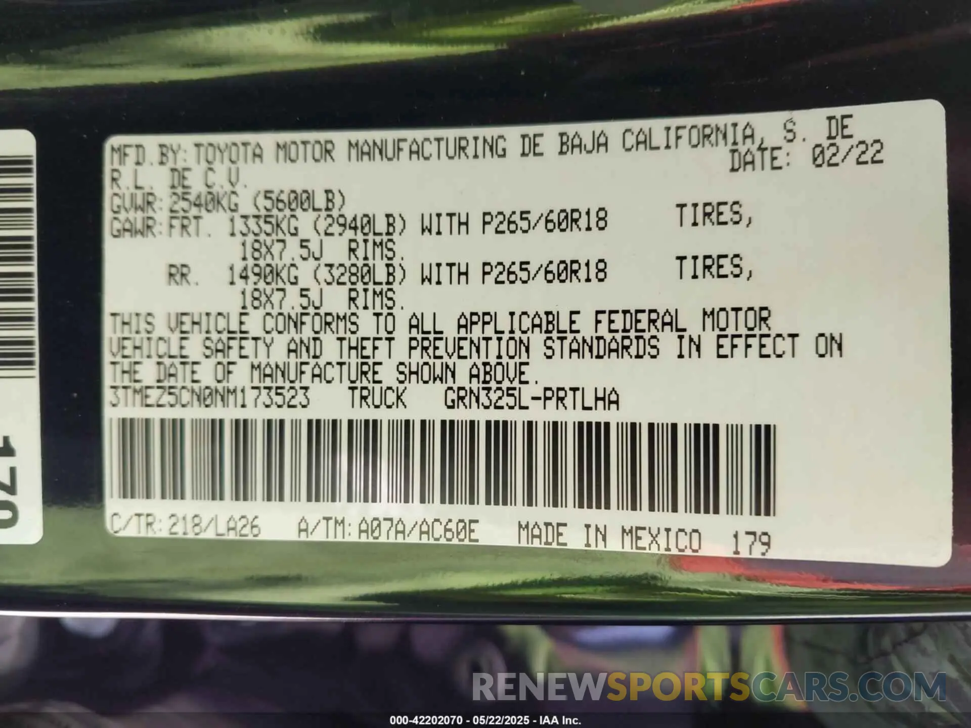 9 fotografías del automóvil dañado 3TMEZ5CN0NM173523 TOYOTA TACOMA 2022