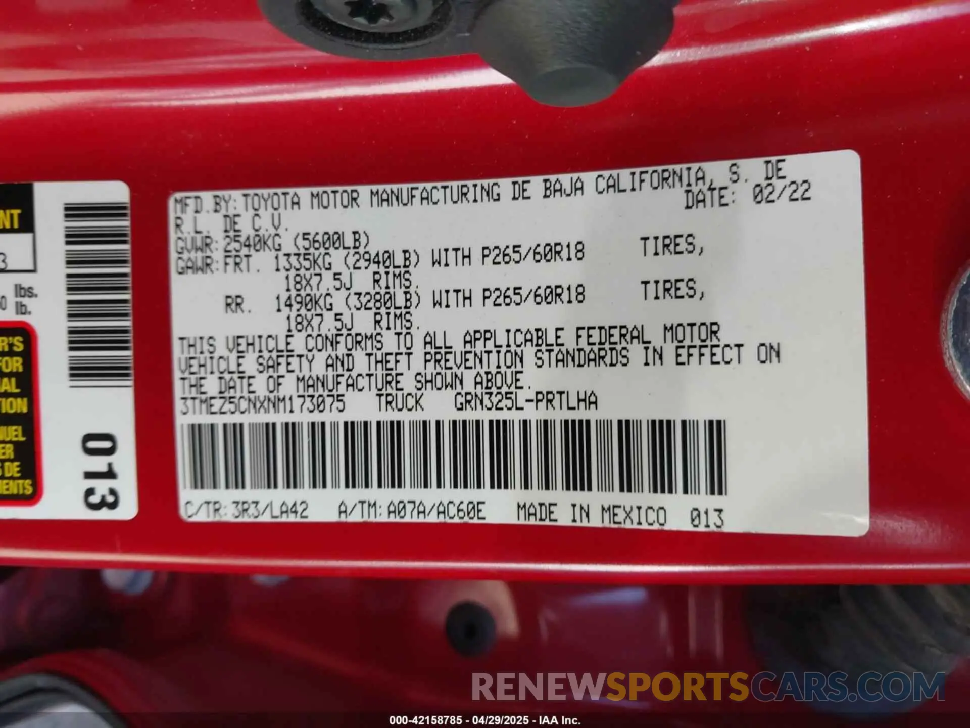 9 fotografías del automóvil dañado 3TMEZ5CNXNM173075 TOYOTA TACOMA 2022