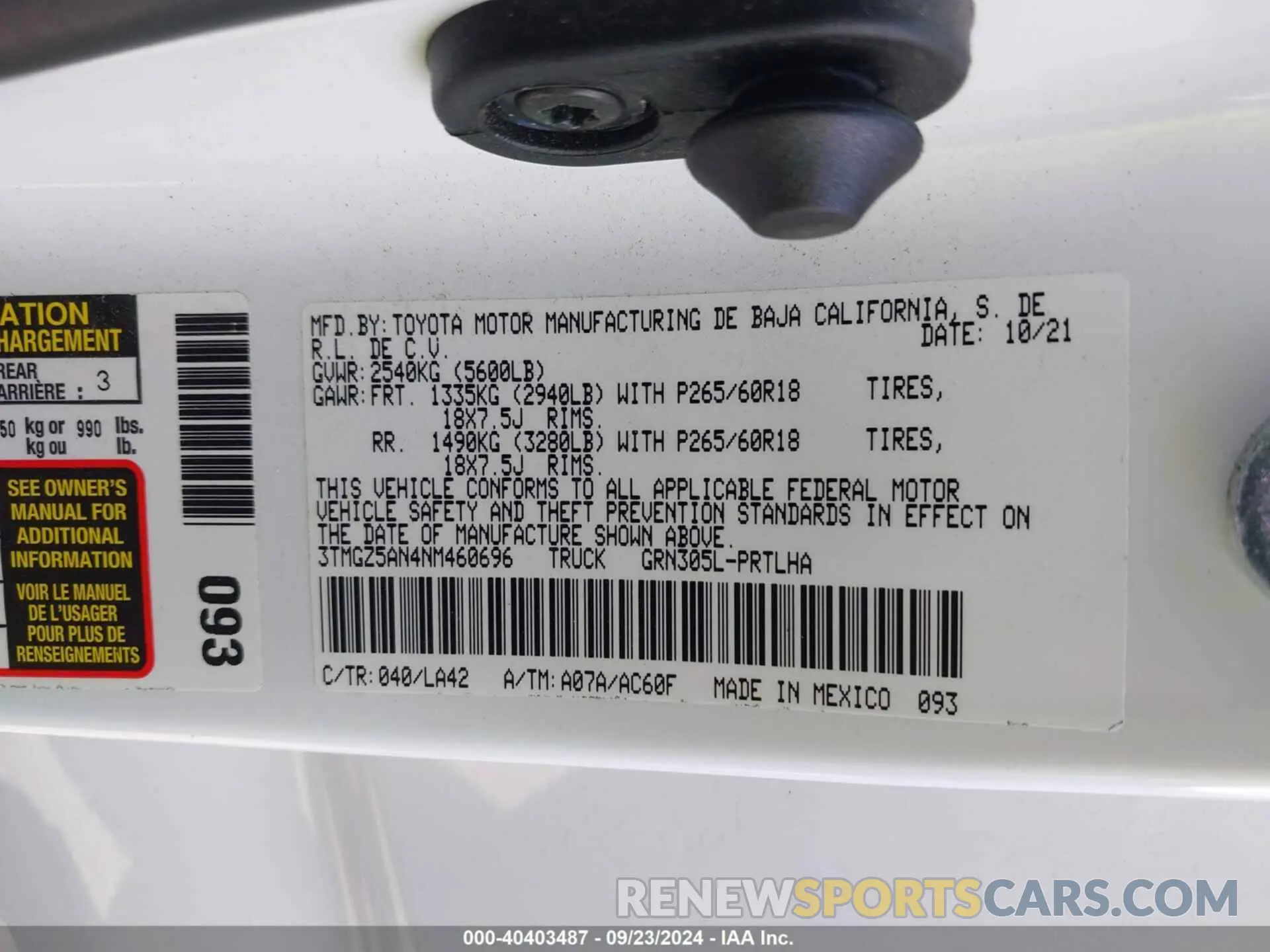 9 fotografías del automóvil dañado 3TMGZ5AN4NM460696 TOYOTA TACOMA 2022
