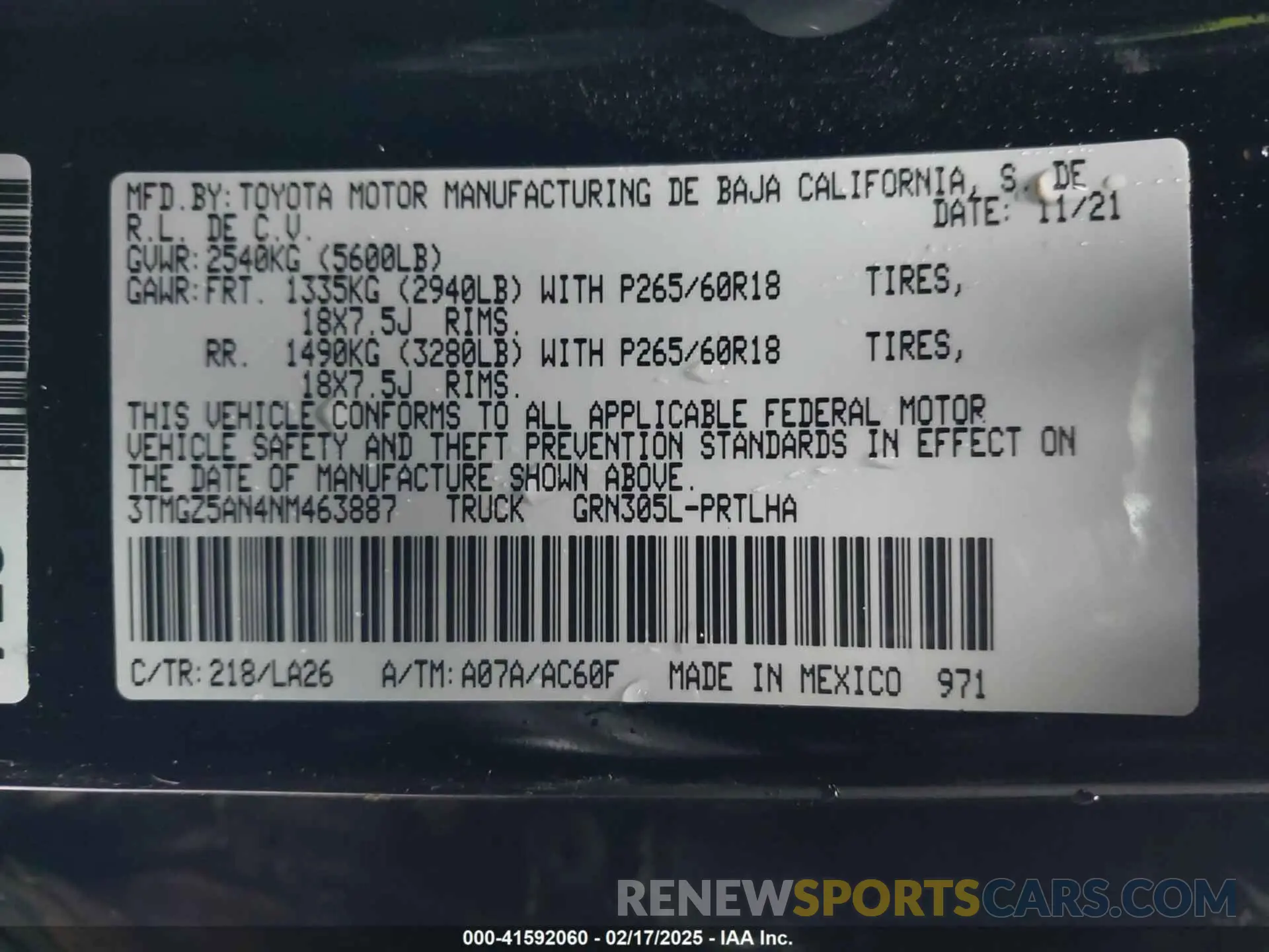 9 fotografías del automóvil dañado 3TMGZ5AN4NM463887 TOYOTA TACOMA 2022
