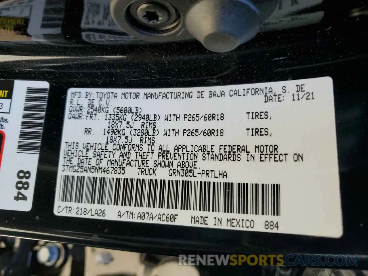 10 fotografías del automóvil dañado 3TMGZ5AN5NM467835 TOYOTA TACOMA 2022