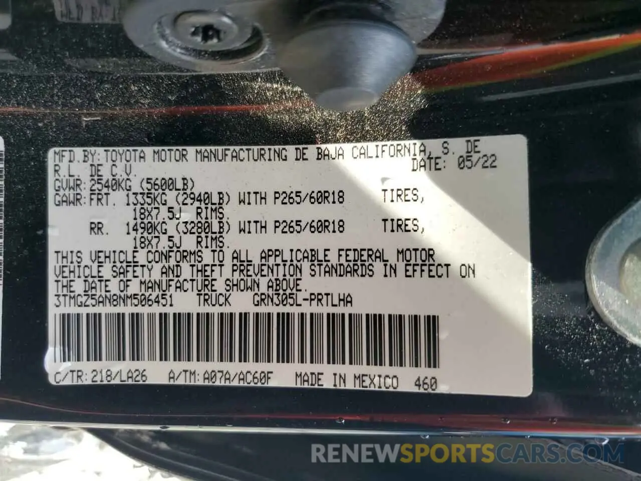 13 fotografías del automóvil dañado 3TMGZ5AN8NM506451 TOYOTA TACOMA 2022