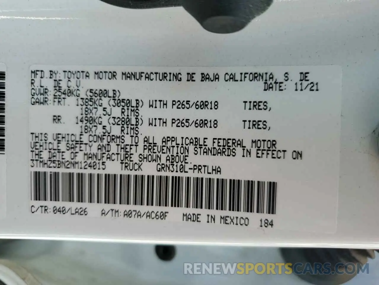 13 fotografías del automóvil dañado 3TMHZ5BN2NM124015 TOYOTA TACOMA 2022