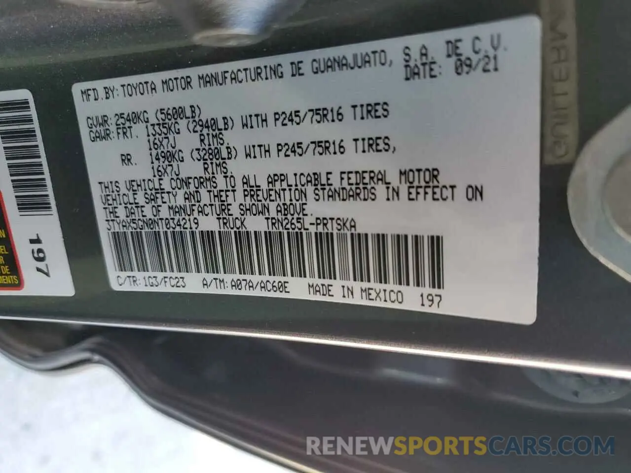 12 fotografías del automóvil dañado 3TYAX5GN0NT034219 TOYOTA TACOMA 2022