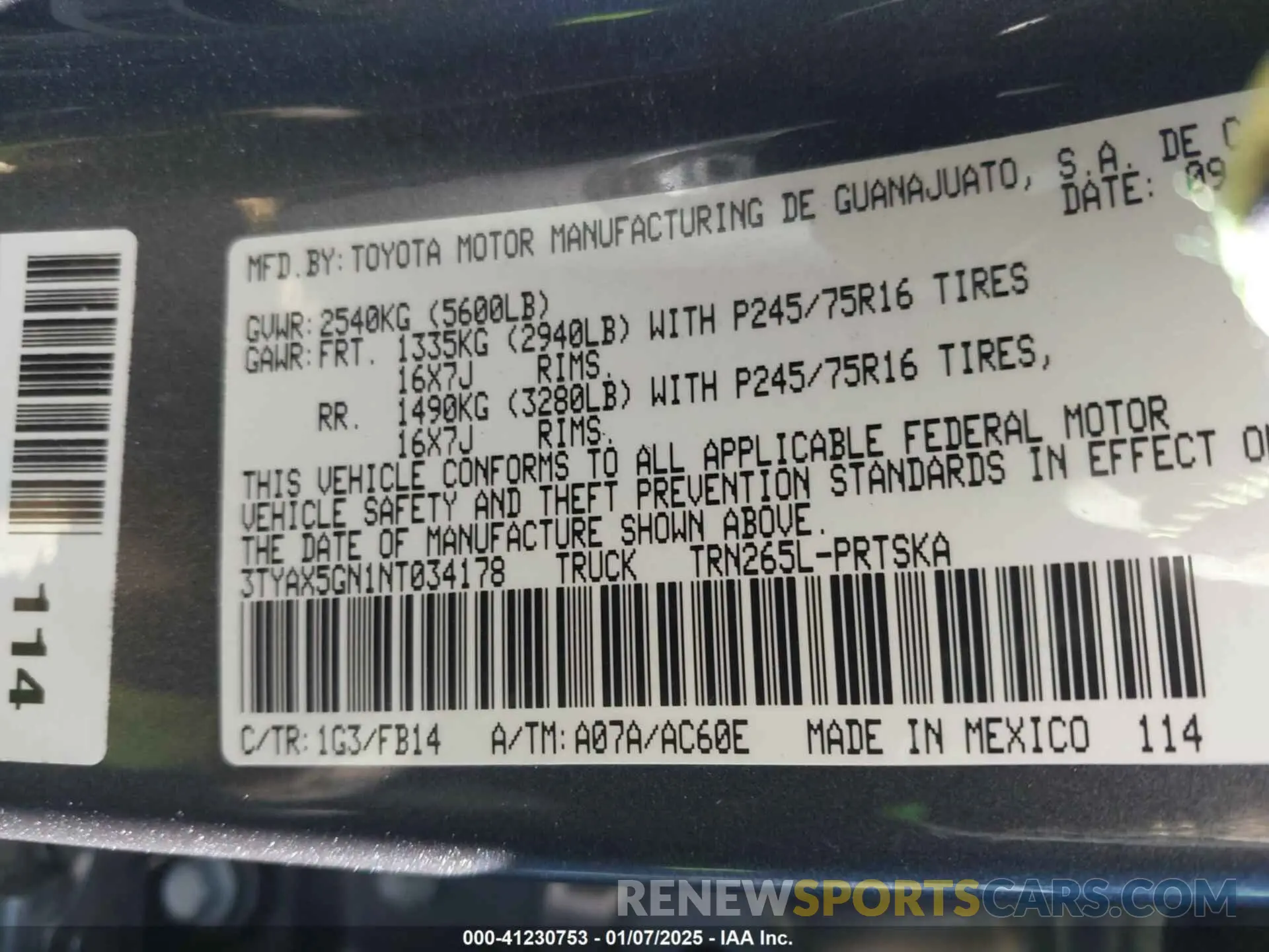 9 fotografías del automóvil dañado 3TYAX5GN1NT034178 TOYOTA TACOMA 2022