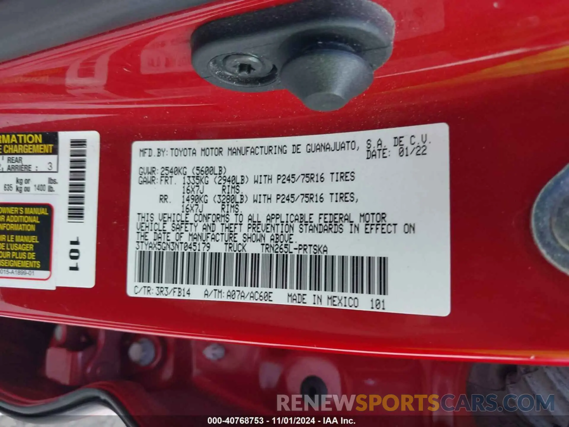 9 fotografías del automóvil dañado 3TYAX5GN3NT045179 TOYOTA TACOMA 2022