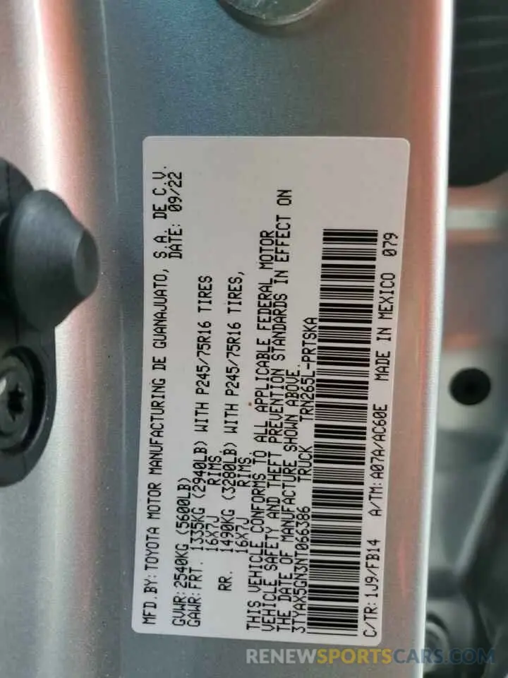 13 fotografías del automóvil dañado 3TYAX5GN3NT066386 TOYOTA TACOMA 2022