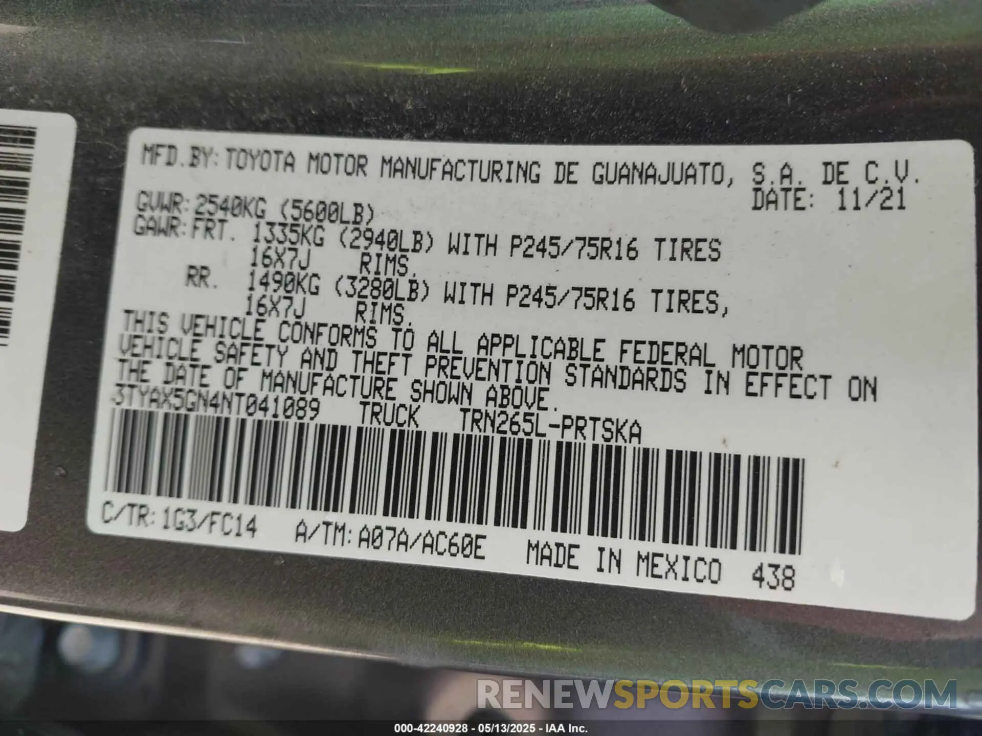 9 fotografías del automóvil dañado 3TYAX5GN4NT041089 TOYOTA TACOMA 2022