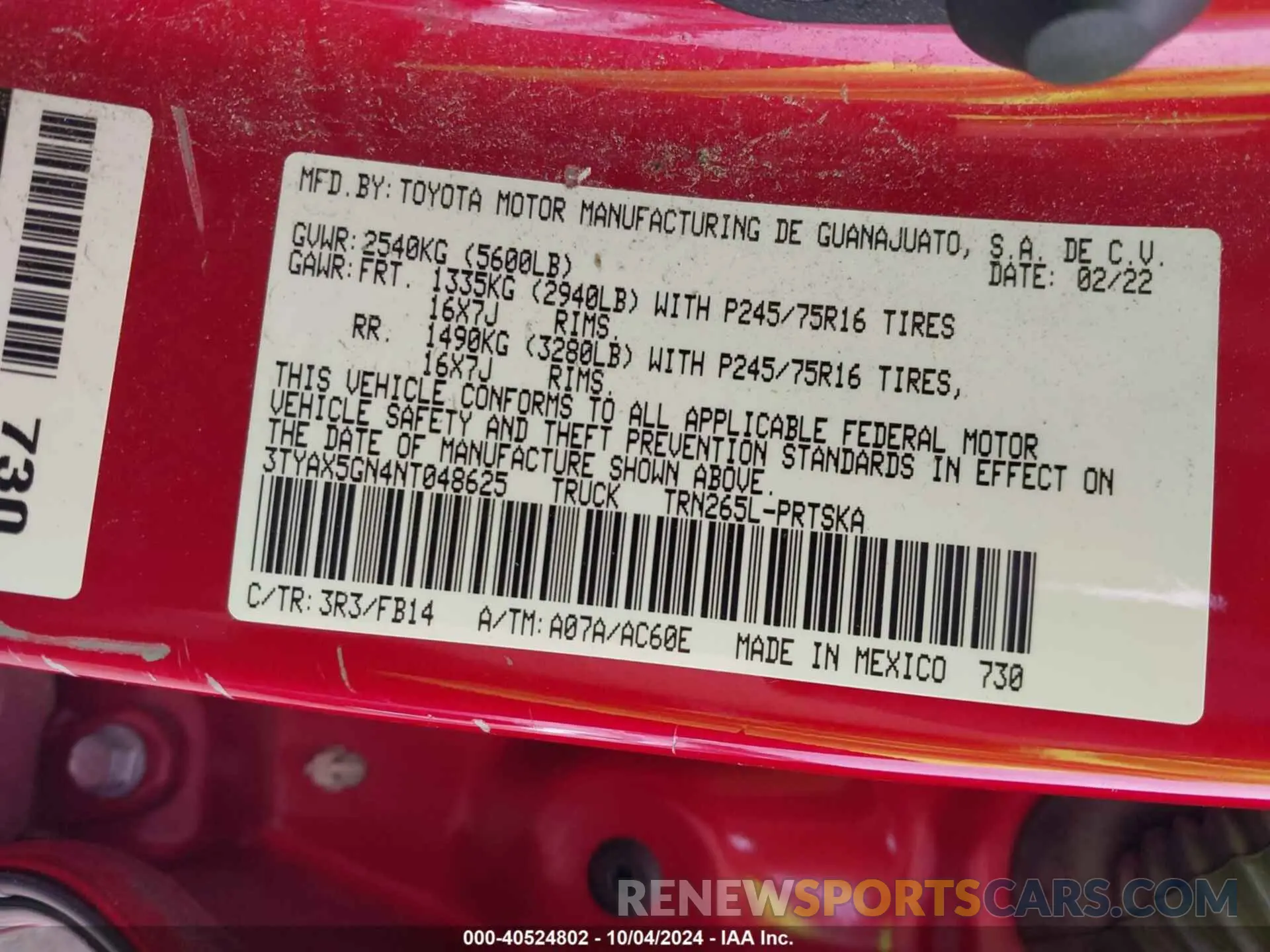 9 fotografías del automóvil dañado 3TYAX5GN4NT048625 TOYOTA TACOMA 2022