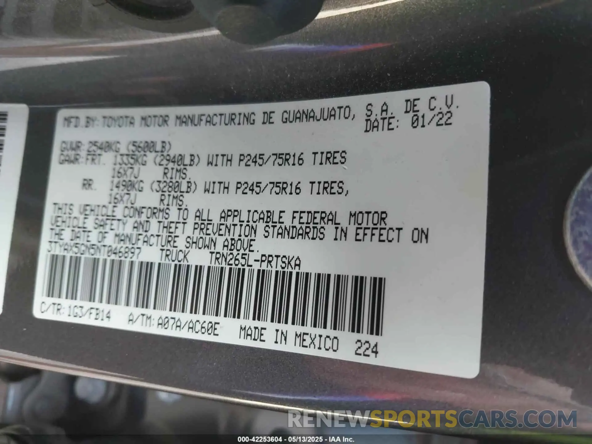 9 fotografías del automóvil dañado 3TYAX5GN5NT046897 TOYOTA TACOMA 2022