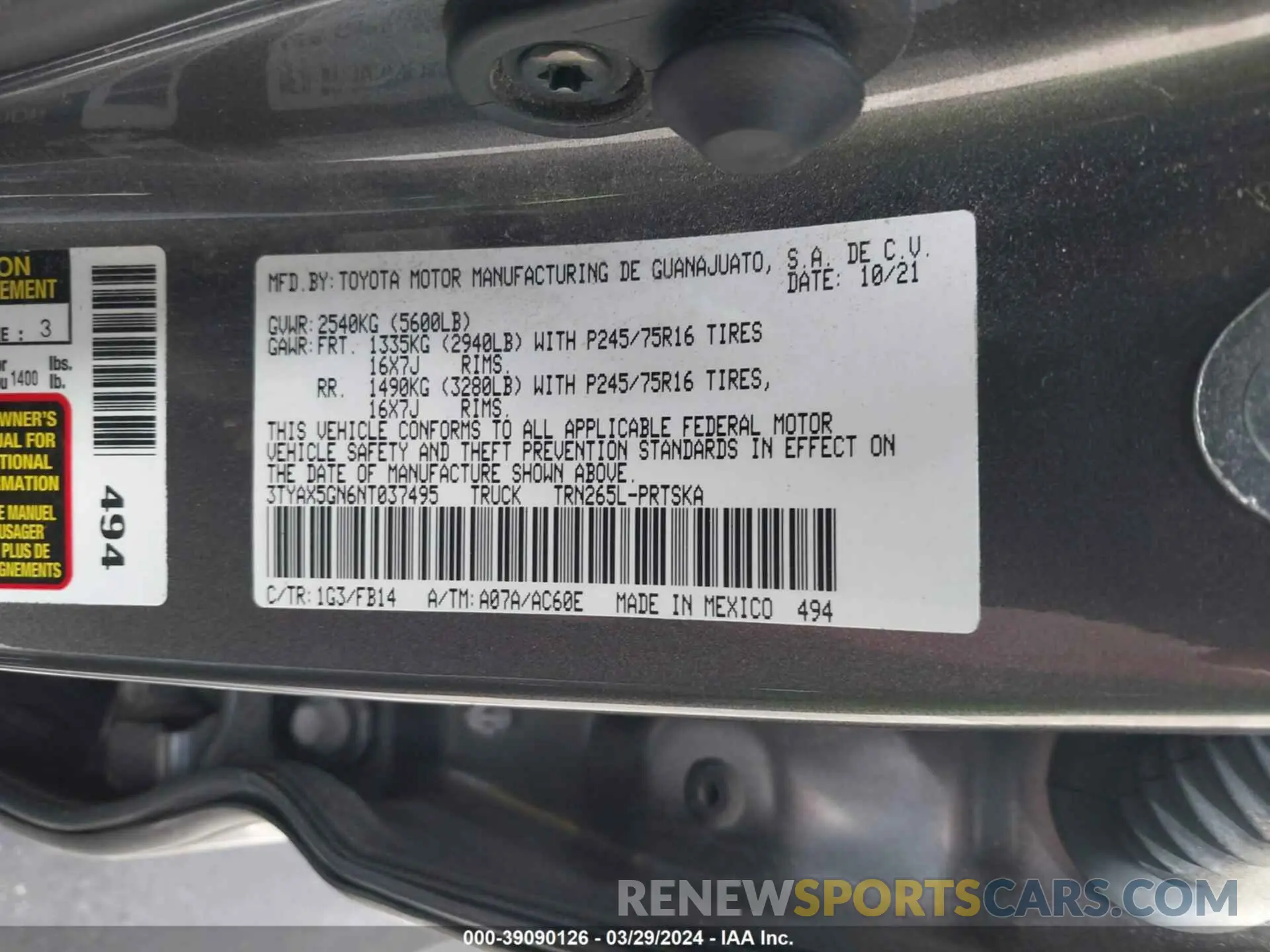 9 fotografías del automóvil dañado 3TYAX5GN6NT037495 TOYOTA TACOMA 2022