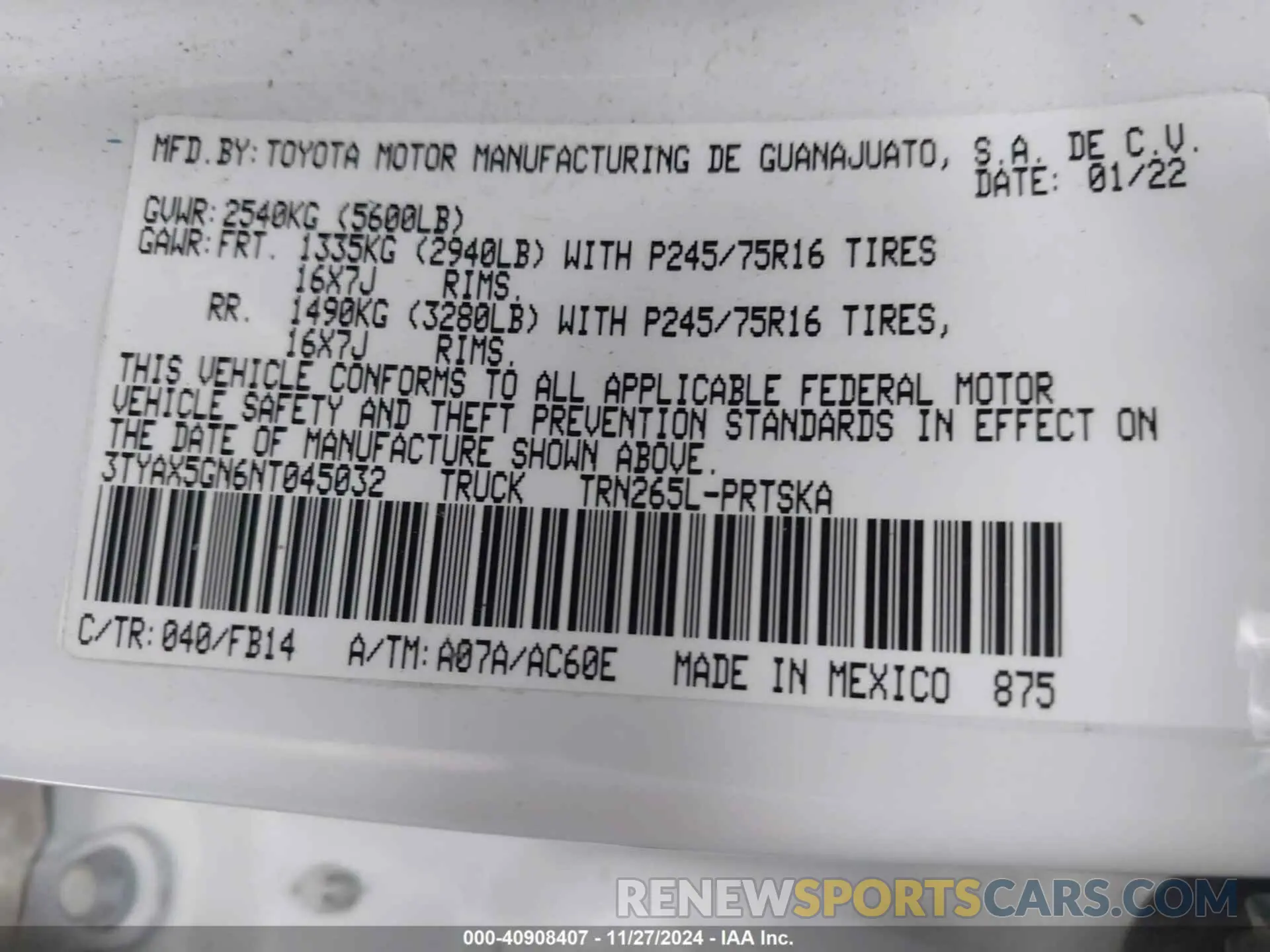 9 fotografías del automóvil dañado 3TYAX5GN6NT045032 TOYOTA TACOMA 2022