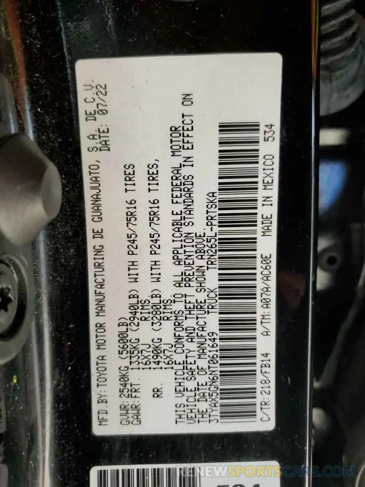 12 fotografías del automóvil dañado 3TYAX5GN6NT061649 TOYOTA TACOMA 2022