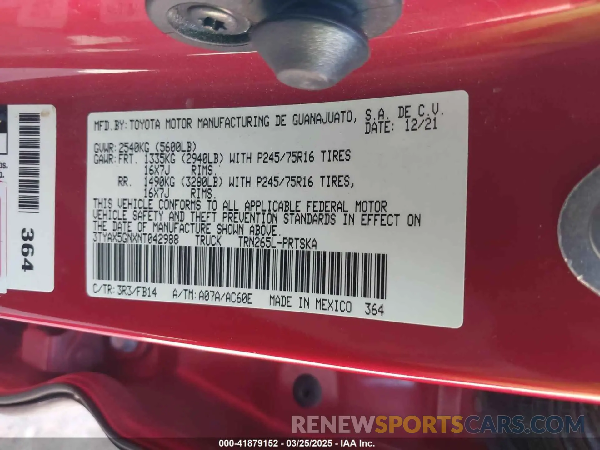 9 fotografías del automóvil dañado 3TYAX5GNXNT042988 TOYOTA TACOMA 2022