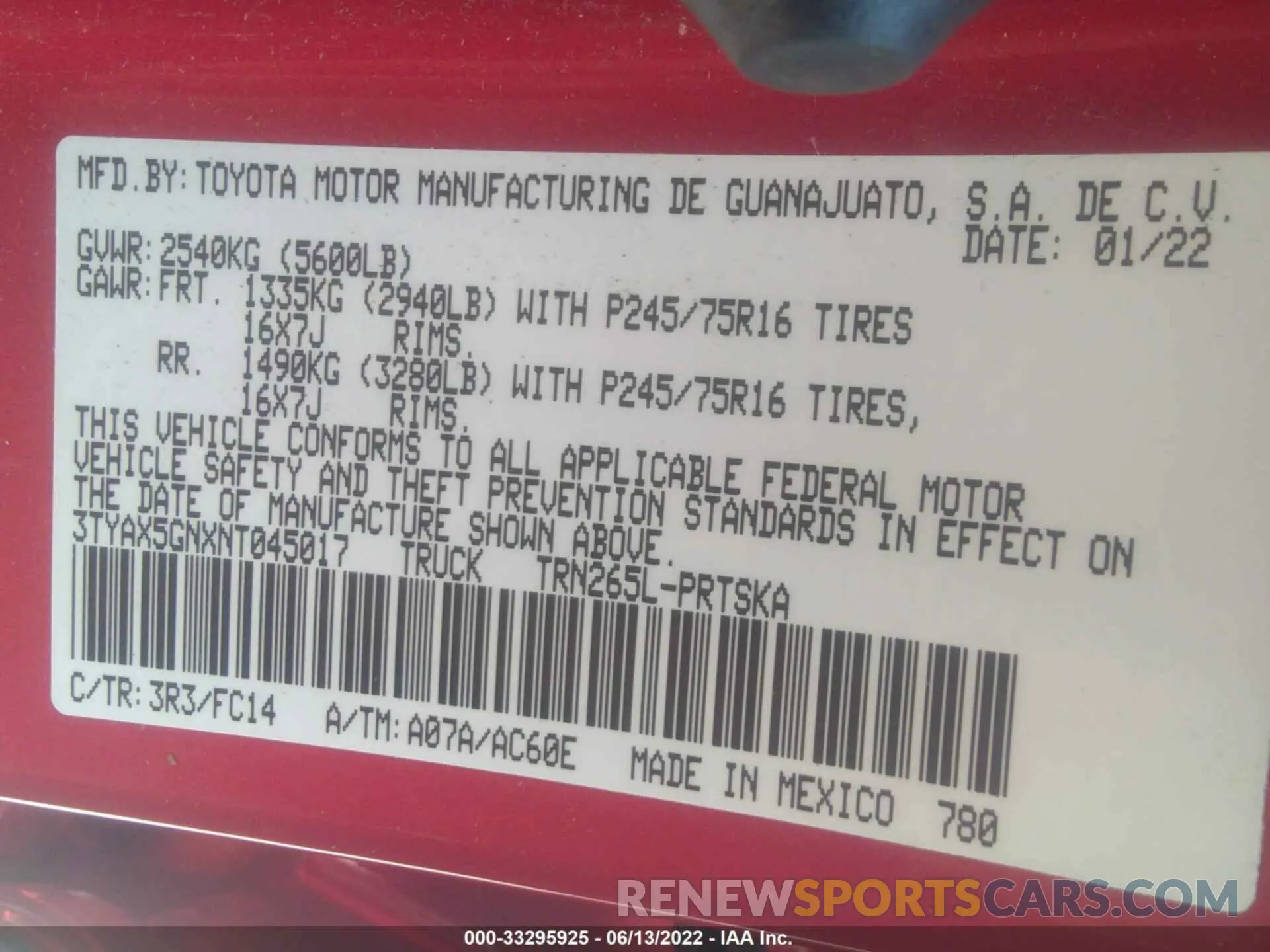 9 fotografías del automóvil dañado 3TYAX5GNXNT045017 TOYOTA TACOMA 2022