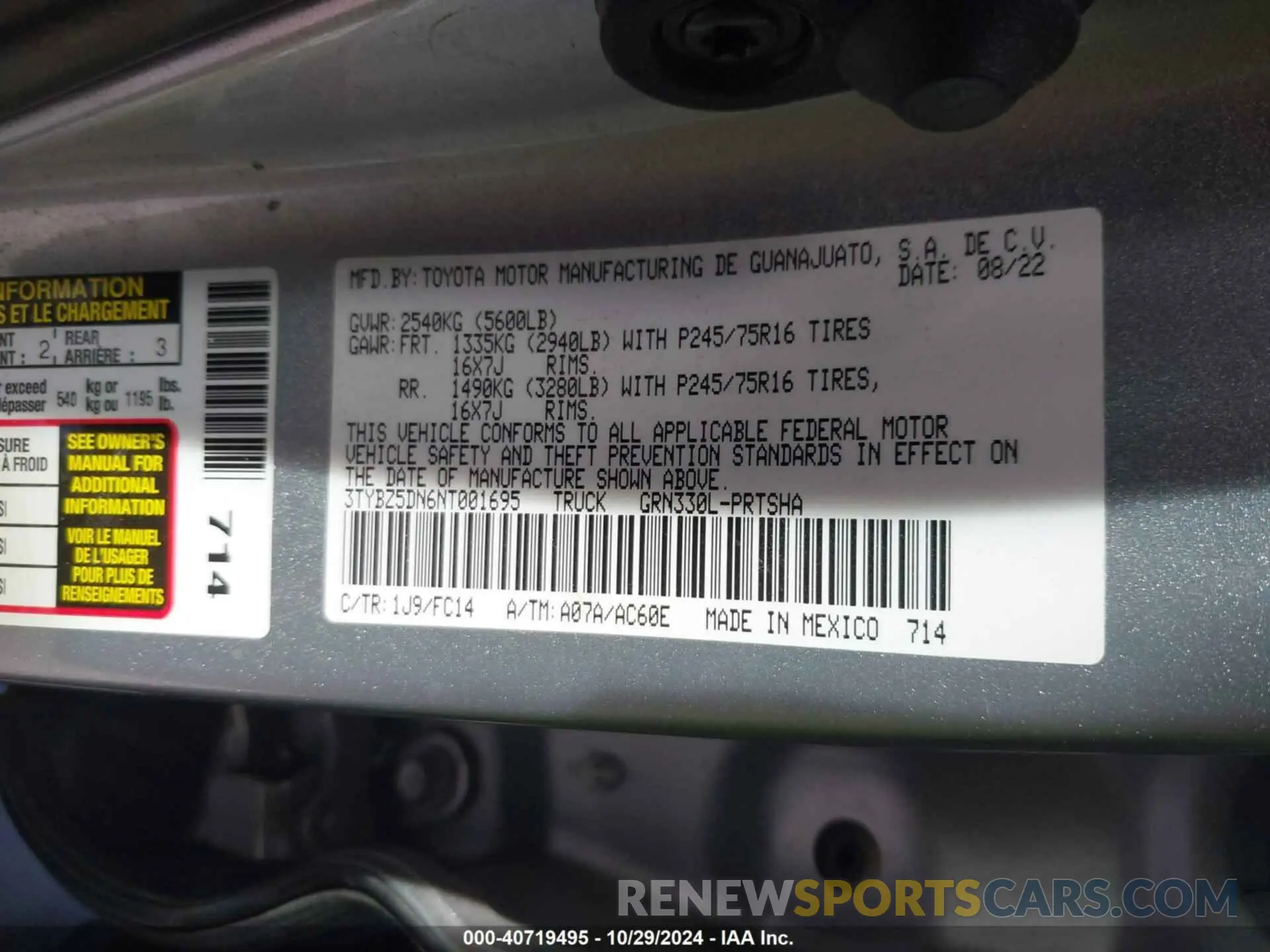 9 fotografías del automóvil dañado 3TYBZ5DN6NT001695 TOYOTA TACOMA 2022