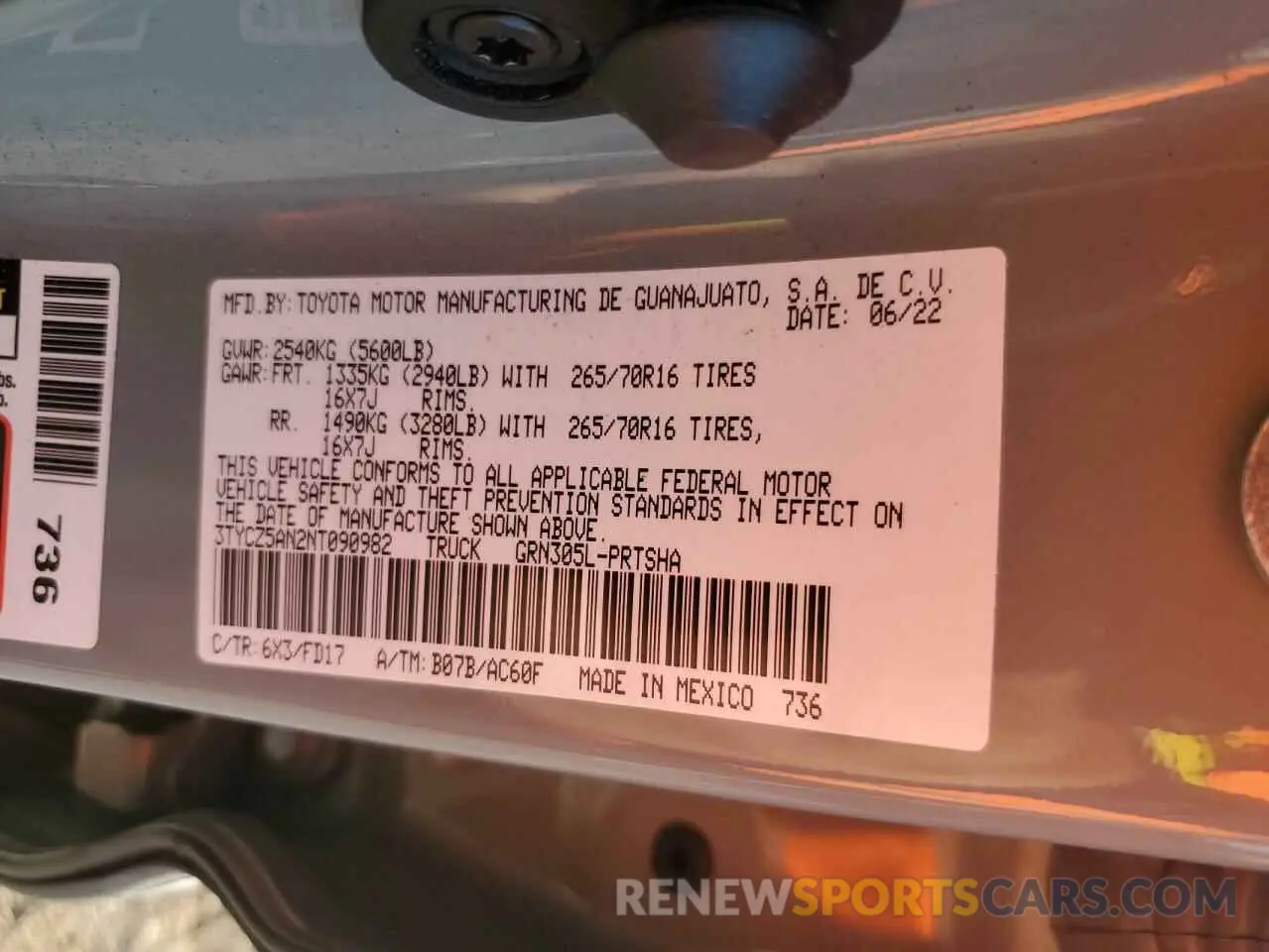 12 fotografías del automóvil dañado 3TYCZ5AN2NT090982 TOYOTA TACOMA 2022