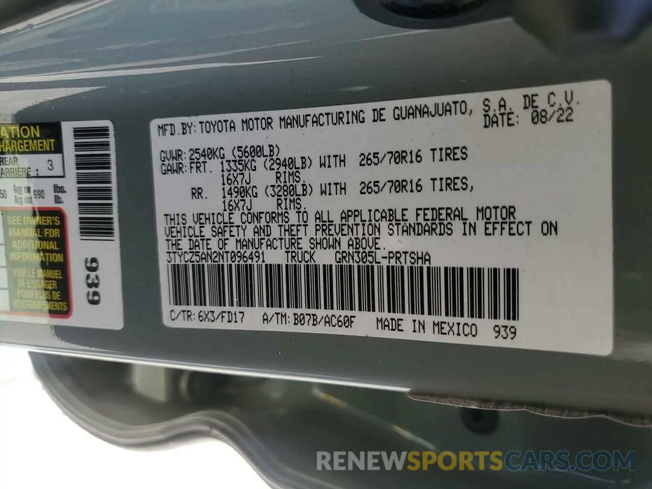 13 fotografías del automóvil dañado 3TYCZ5AN2NT096491 TOYOTA TACOMA 2022
