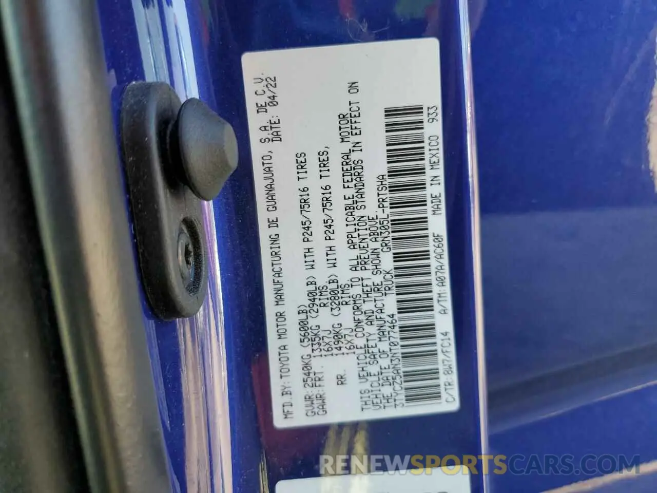 12 fotografías del automóvil dañado 3TYCZ5AN3NT077464 TOYOTA TACOMA 2022