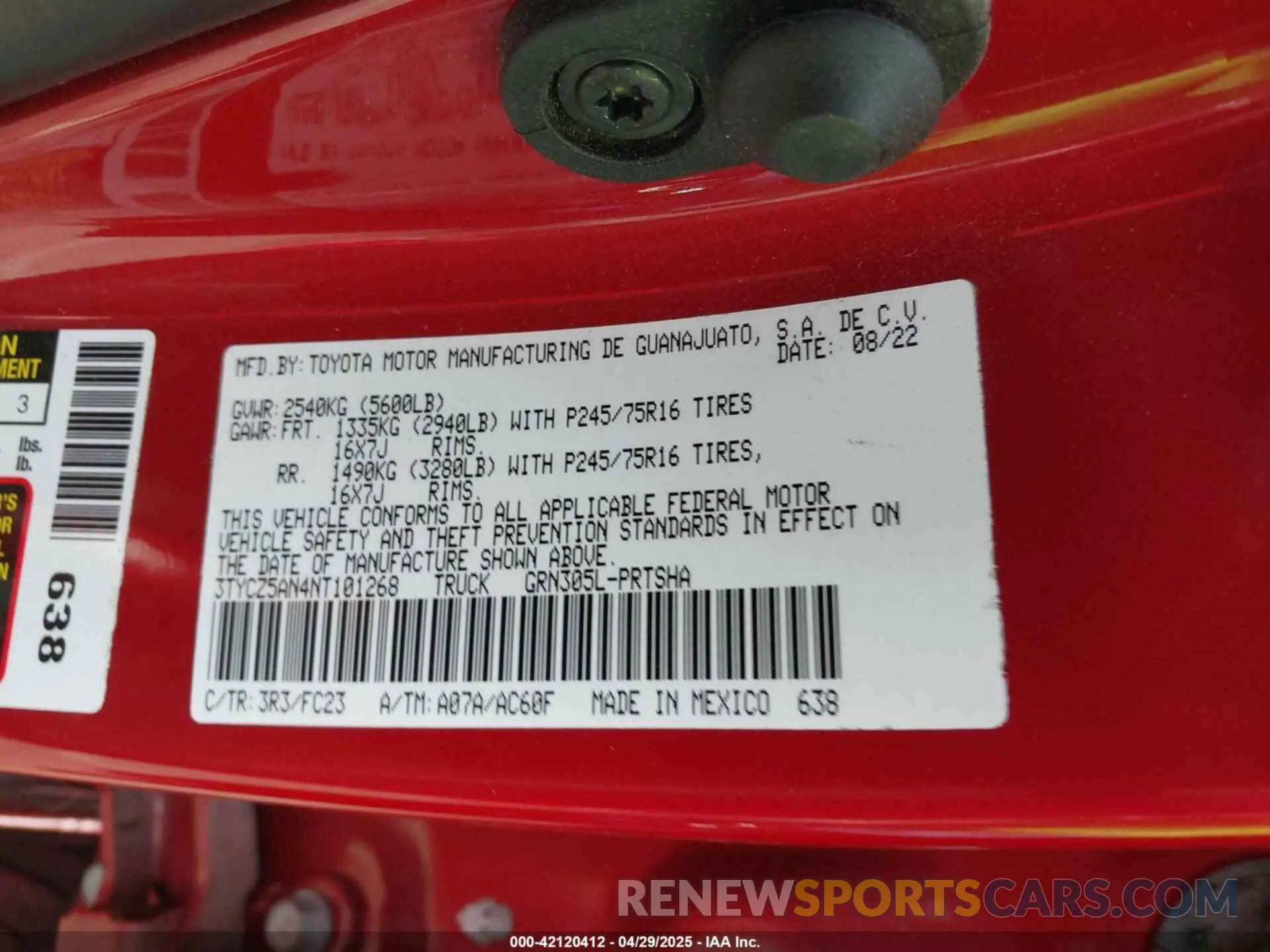 9 fotografías del automóvil dañado 3TYCZ5AN4NT101268 TOYOTA TACOMA 2022