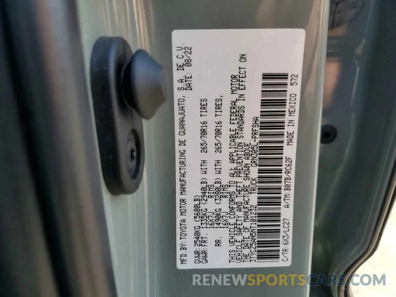 12 fotografías del automóvil dañado 3TYCZ5AN5NT101232 TOYOTA TACOMA 2022