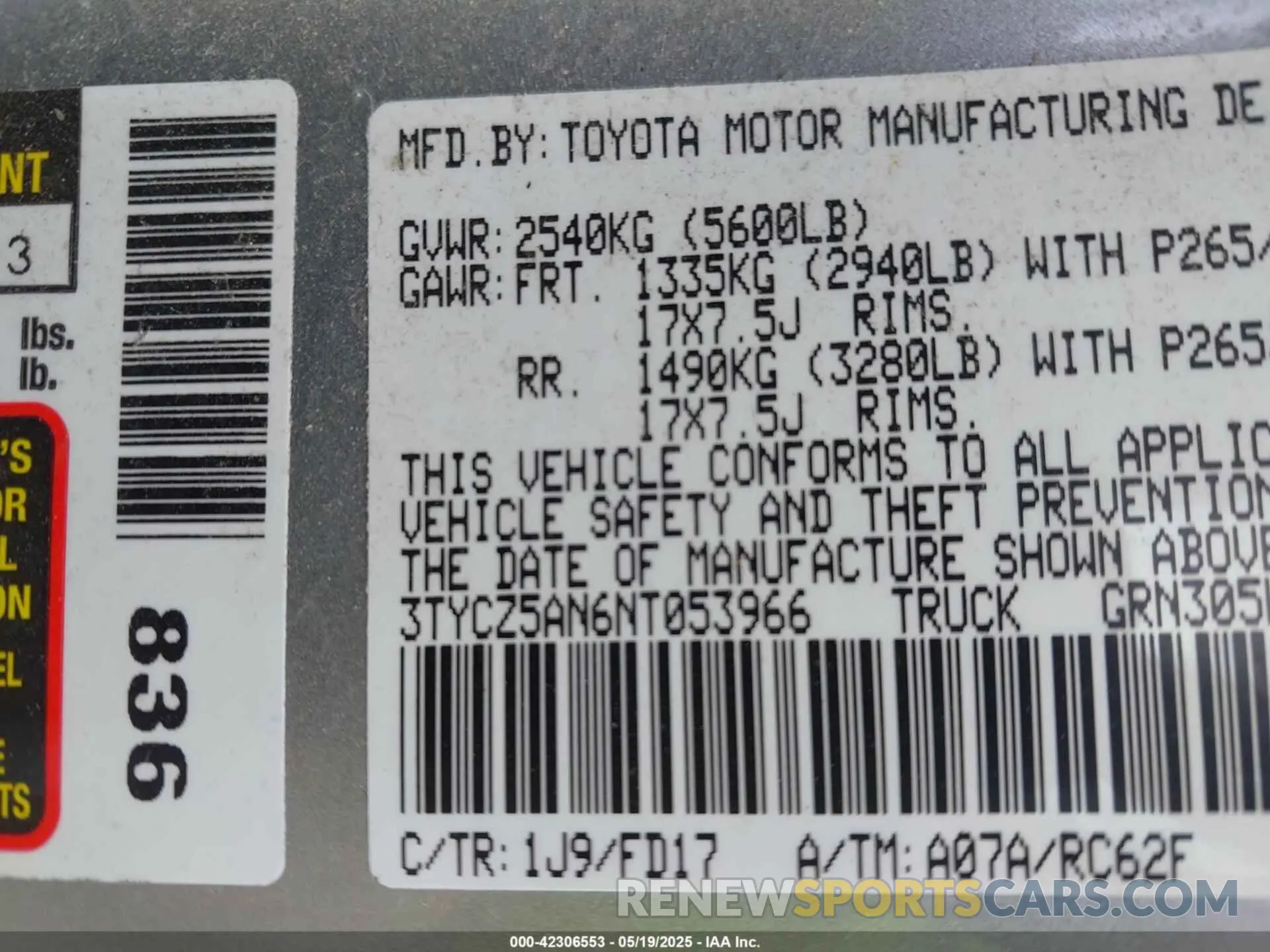 9 fotografías del automóvil dañado 3TYCZ5AN6NT053966 TOYOTA TACOMA 2022