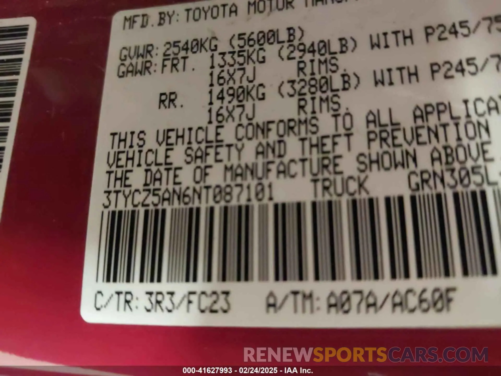 9 fotografías del automóvil dañado 3TYCZ5AN6NT087101 TOYOTA TACOMA 2022
