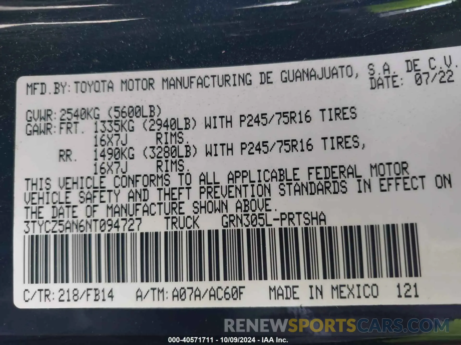 9 fotografías del automóvil dañado 3TYCZ5AN6NT094727 TOYOTA TACOMA 2022