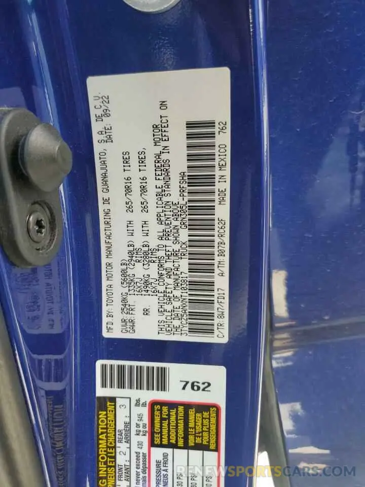 12 fotografías del automóvil dañado 3TYCZ5ANXNT103817 TOYOTA TACOMA 2022