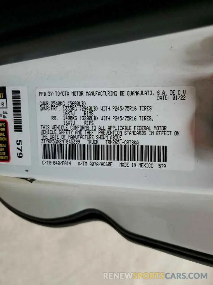 12 fotografías del automóvil dañado 3TYRX5GN2NT045399 TOYOTA TACOMA 2022