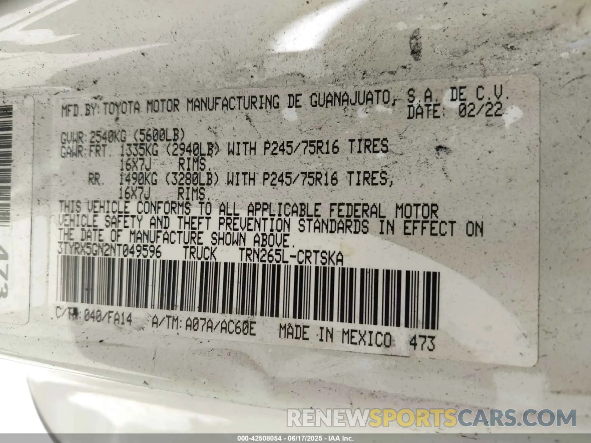 9 fotografías del automóvil dañado 3TYRX5GN2NT049596 TOYOTA TACOMA 2022