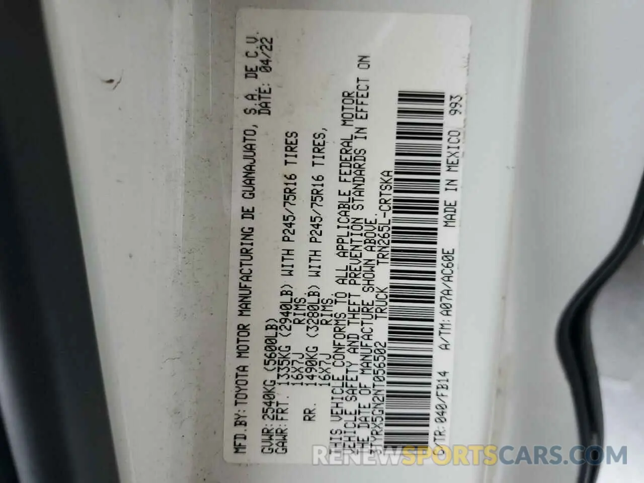 12 fotografías del automóvil dañado 3TYRX5GN2NT056502 TOYOTA TACOMA 2022