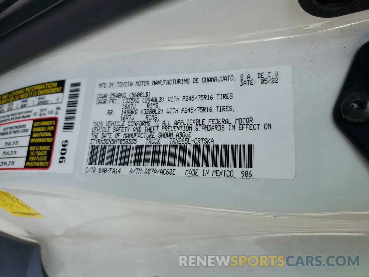 12 fotografías del automóvil dañado 3TYRX5GN5NT058535 TOYOTA TACOMA 2022