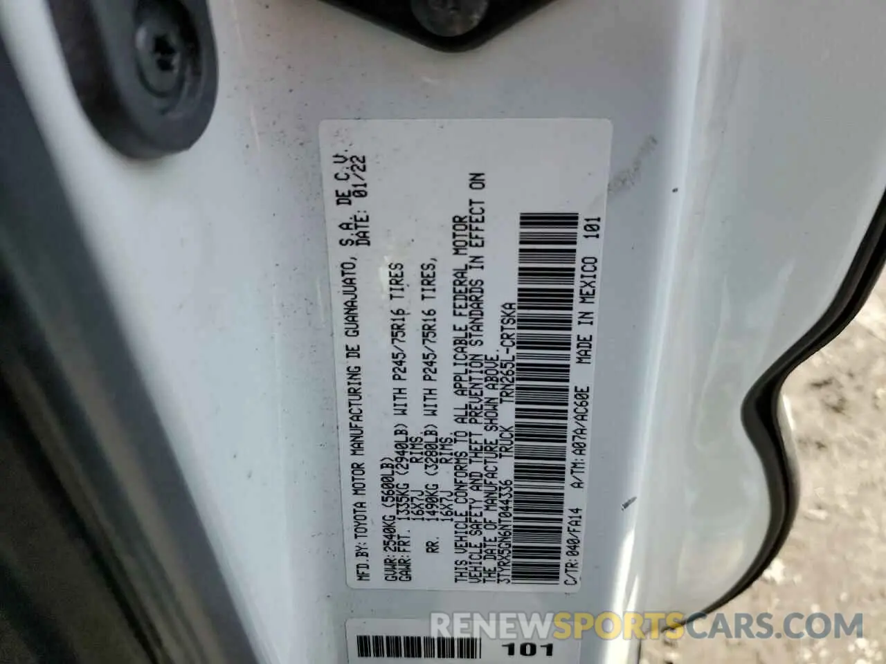12 fotografías del automóvil dañado 3TYRX5GN6NT044336 TOYOTA TACOMA 2022