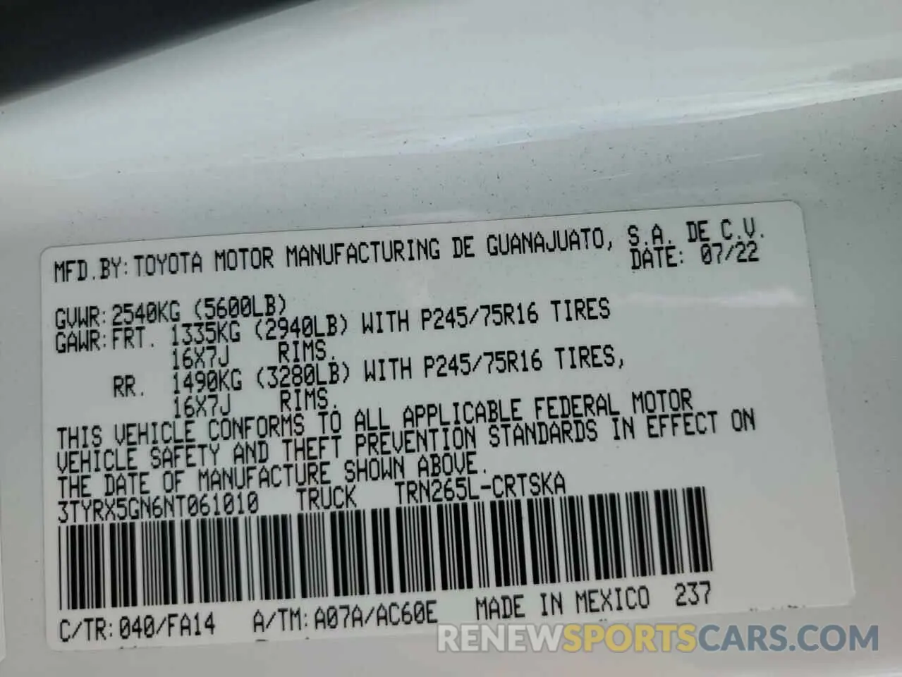12 fotografías del automóvil dañado 3TYRX5GN6NT061010 TOYOTA TACOMA 2022