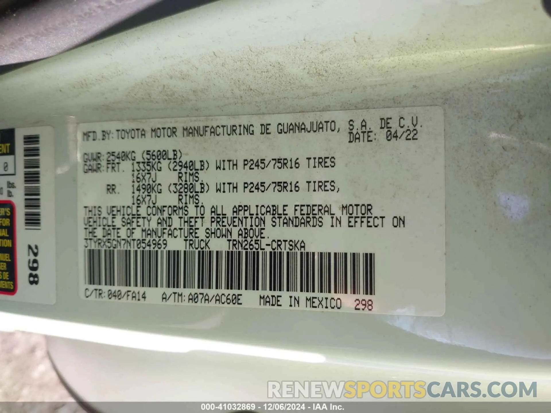 9 fotografías del automóvil dañado 3TYRX5GN7NT054969 TOYOTA TACOMA 2022