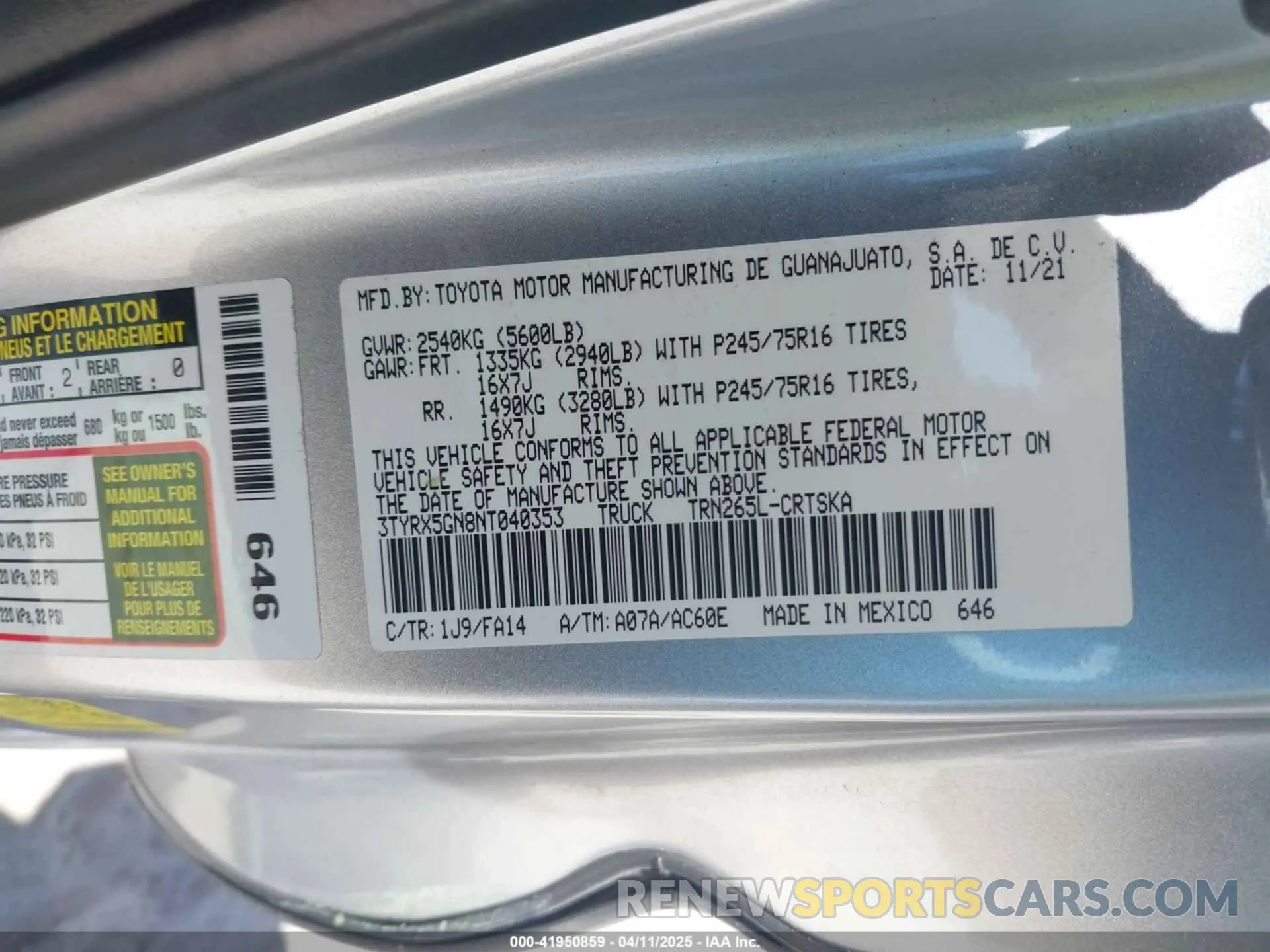 9 fotografías del automóvil dañado 3TYRX5GN8NT040353 TOYOTA TACOMA 2022