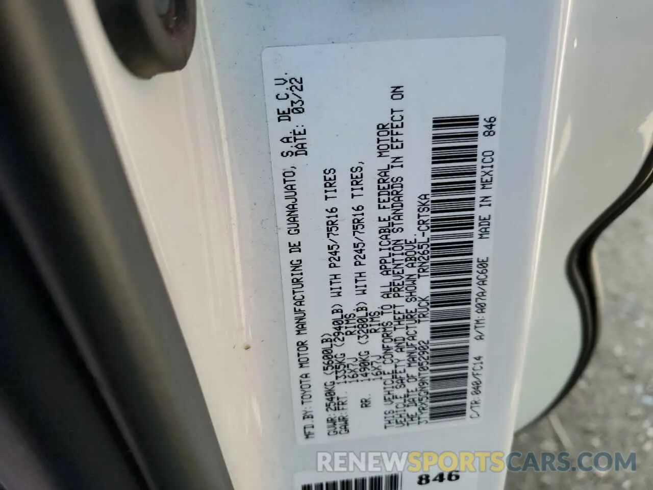 13 fotografías del automóvil dañado 3TYRX5GN9NT052902 TOYOTA TACOMA 2022