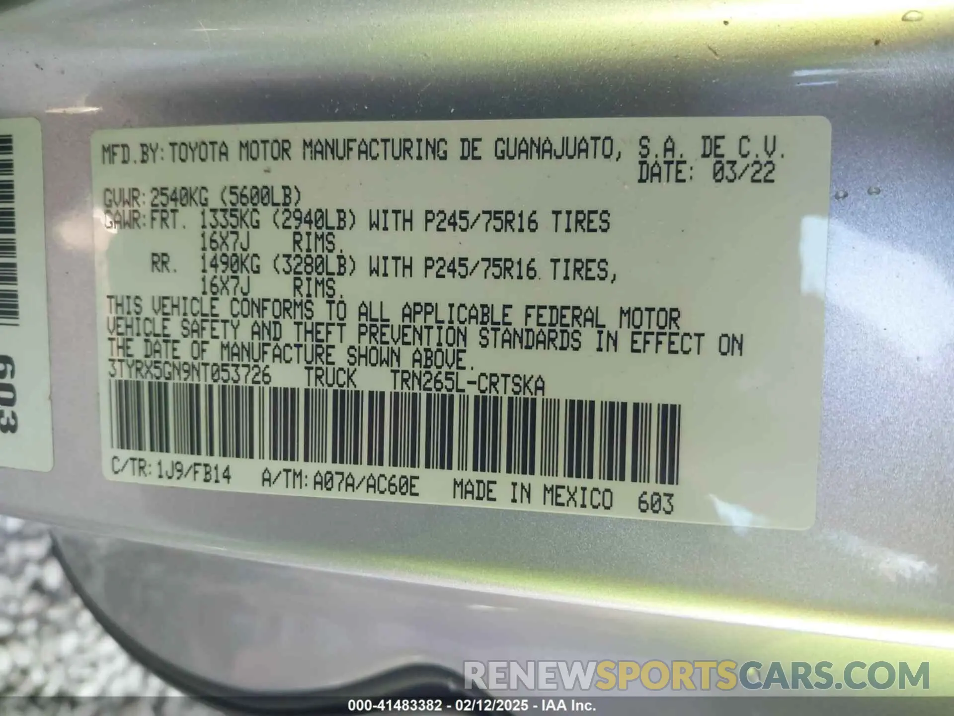 9 fotografías del automóvil dañado 3TYRX5GN9NT053726 TOYOTA TACOMA 2022