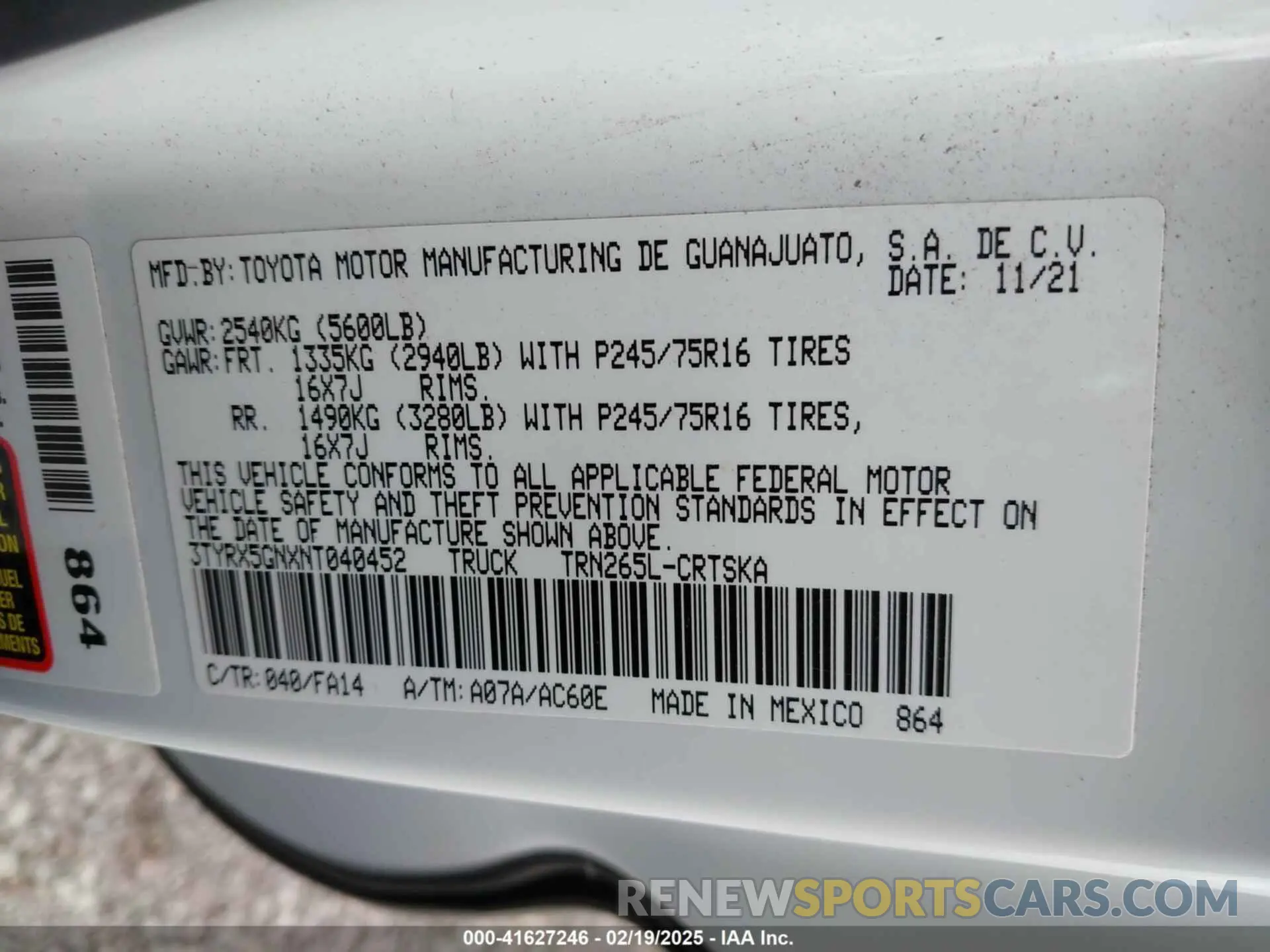 9 fotografías del automóvil dañado 3TYRX5GNXNT040452 TOYOTA TACOMA 2022