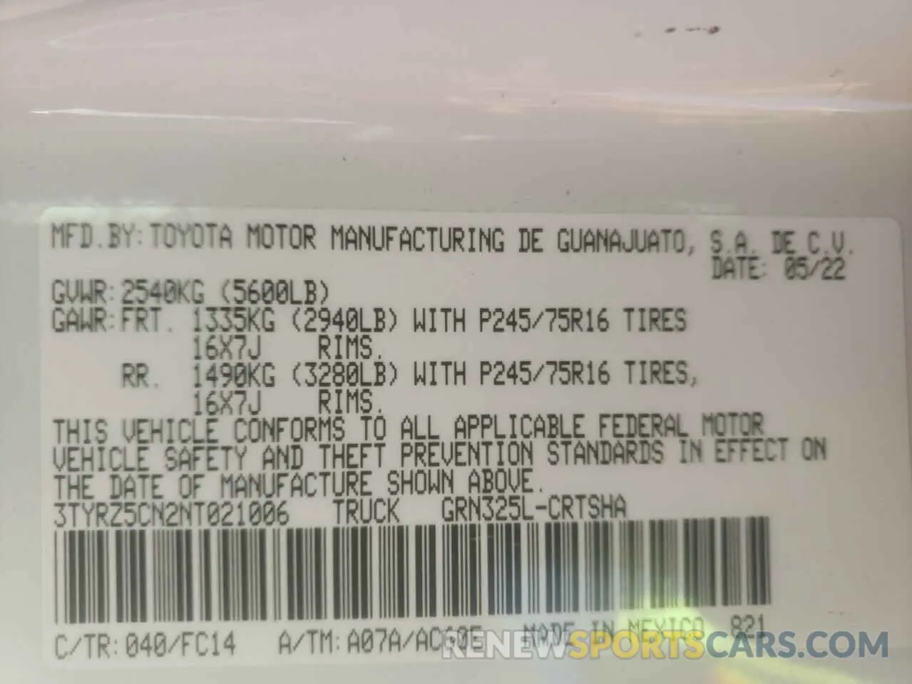 10 fotografías del automóvil dañado 3TYRZ5CN2NT021006 TOYOTA TACOMA 2022