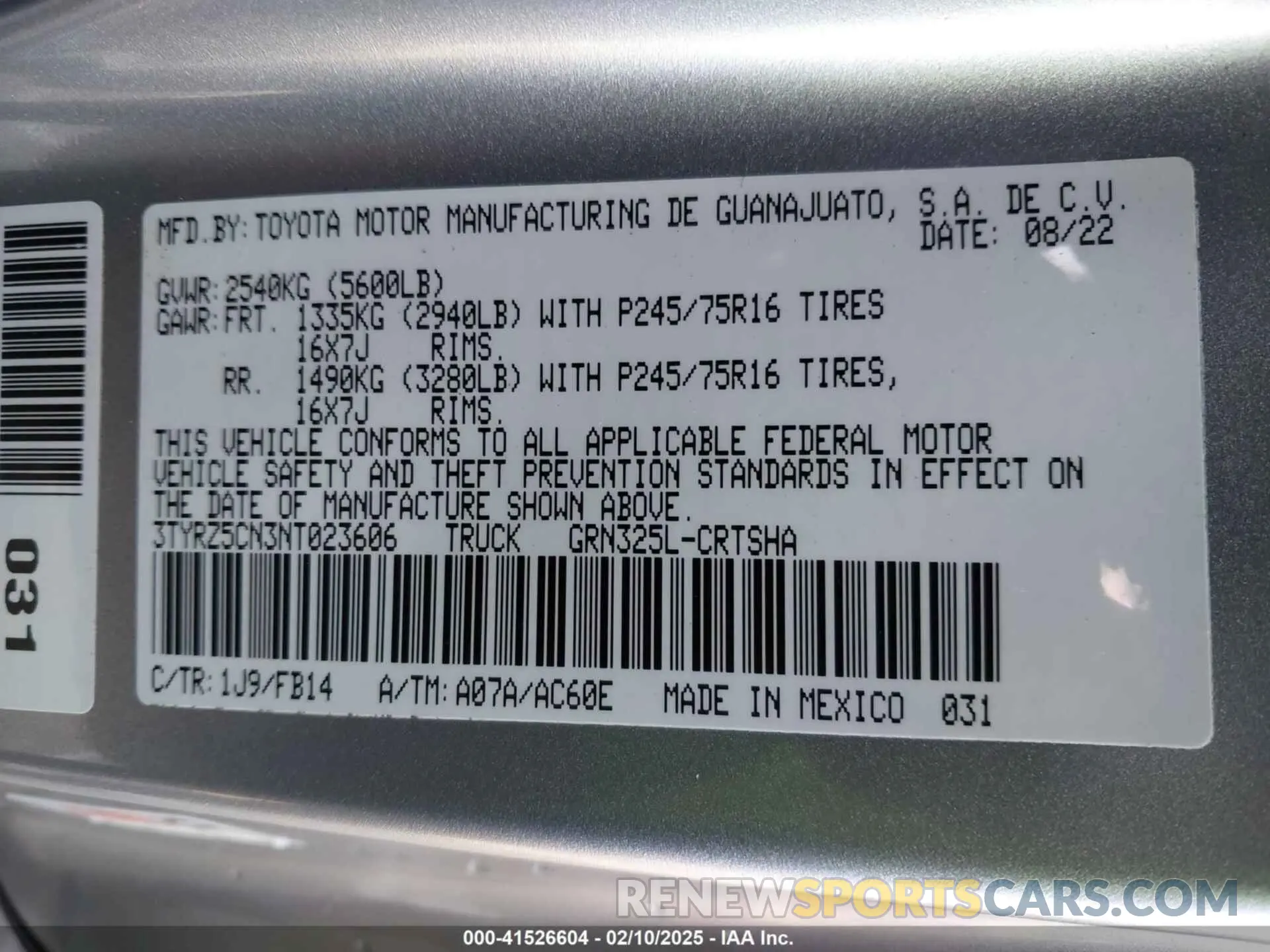 9 fotografías del automóvil dañado 3TYRZ5CN3NT023606 TOYOTA TACOMA 2022