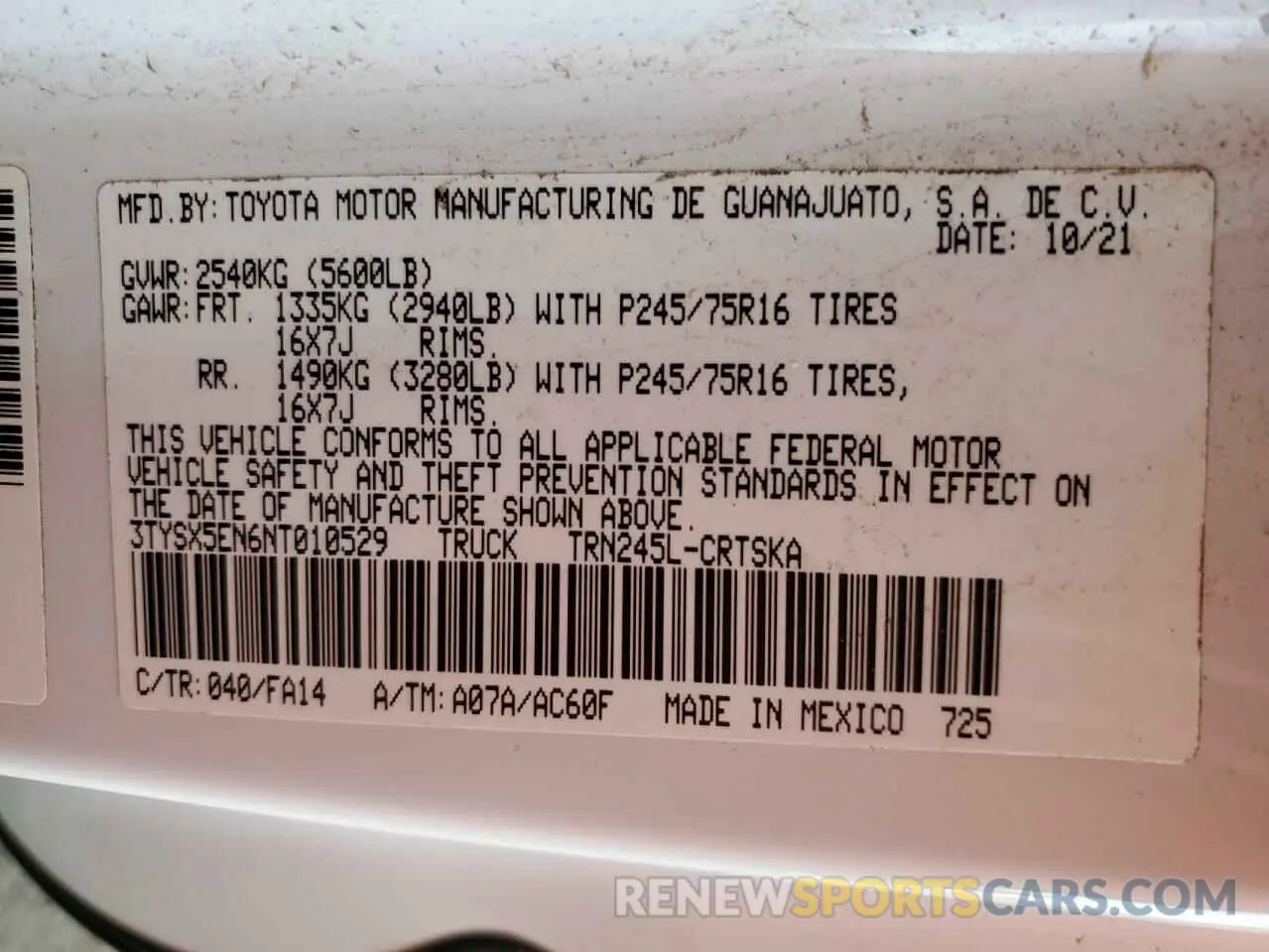 12 fotografías del automóvil dañado 3TYSX5EN6NT010529 TOYOTA TACOMA 2022