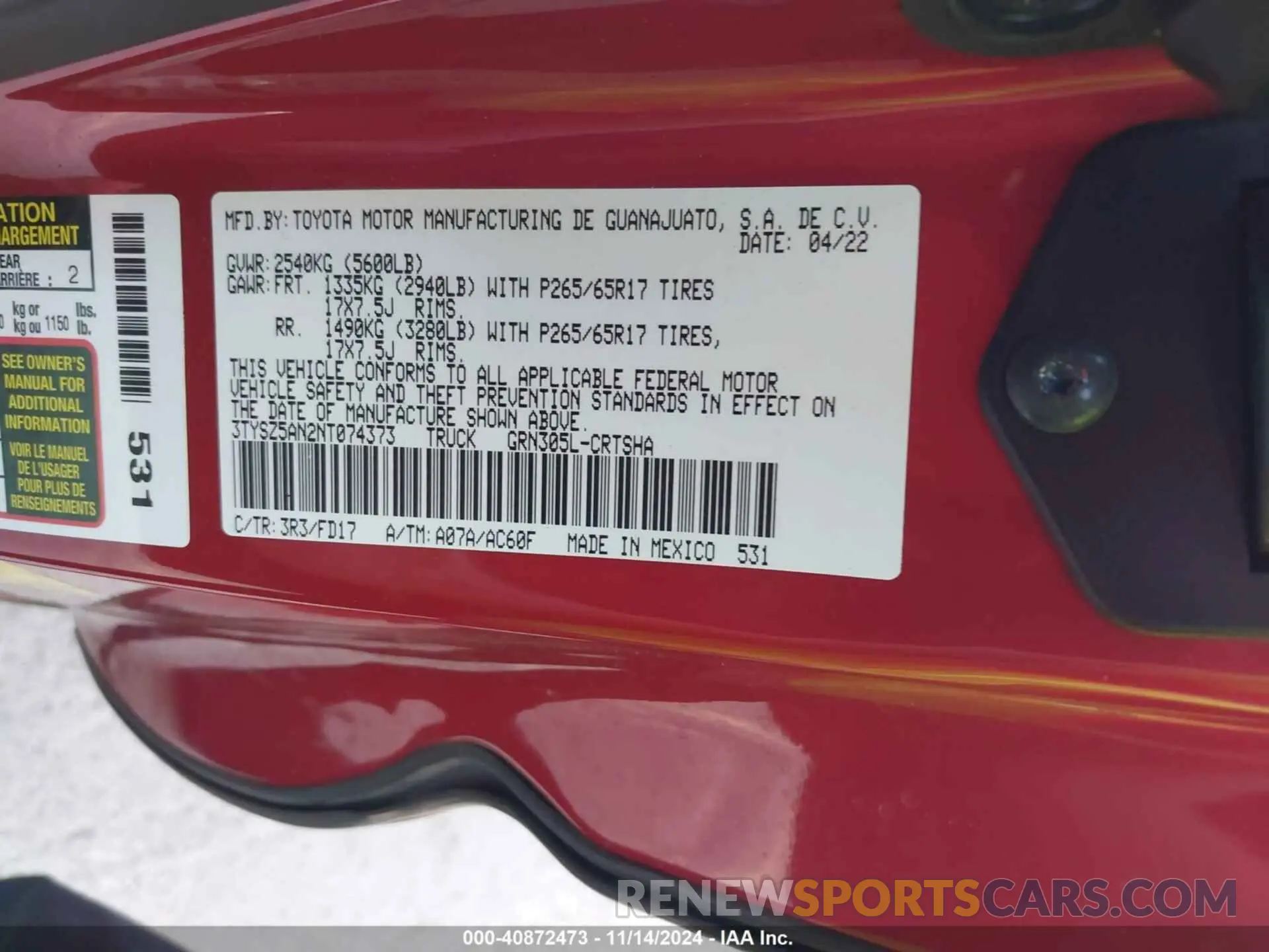 9 fotografías del automóvil dañado 3TYSZ5AN2NT074373 TOYOTA TACOMA 2022