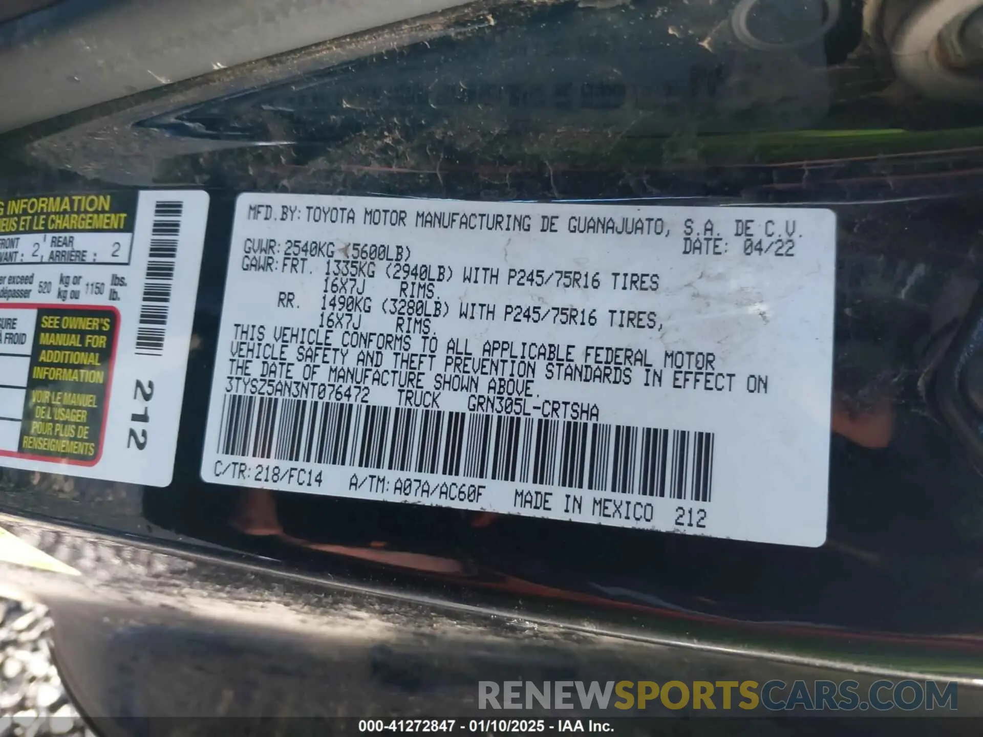9 fotografías del automóvil dañado 3TYSZ5AN3NT076472 TOYOTA TACOMA 2022