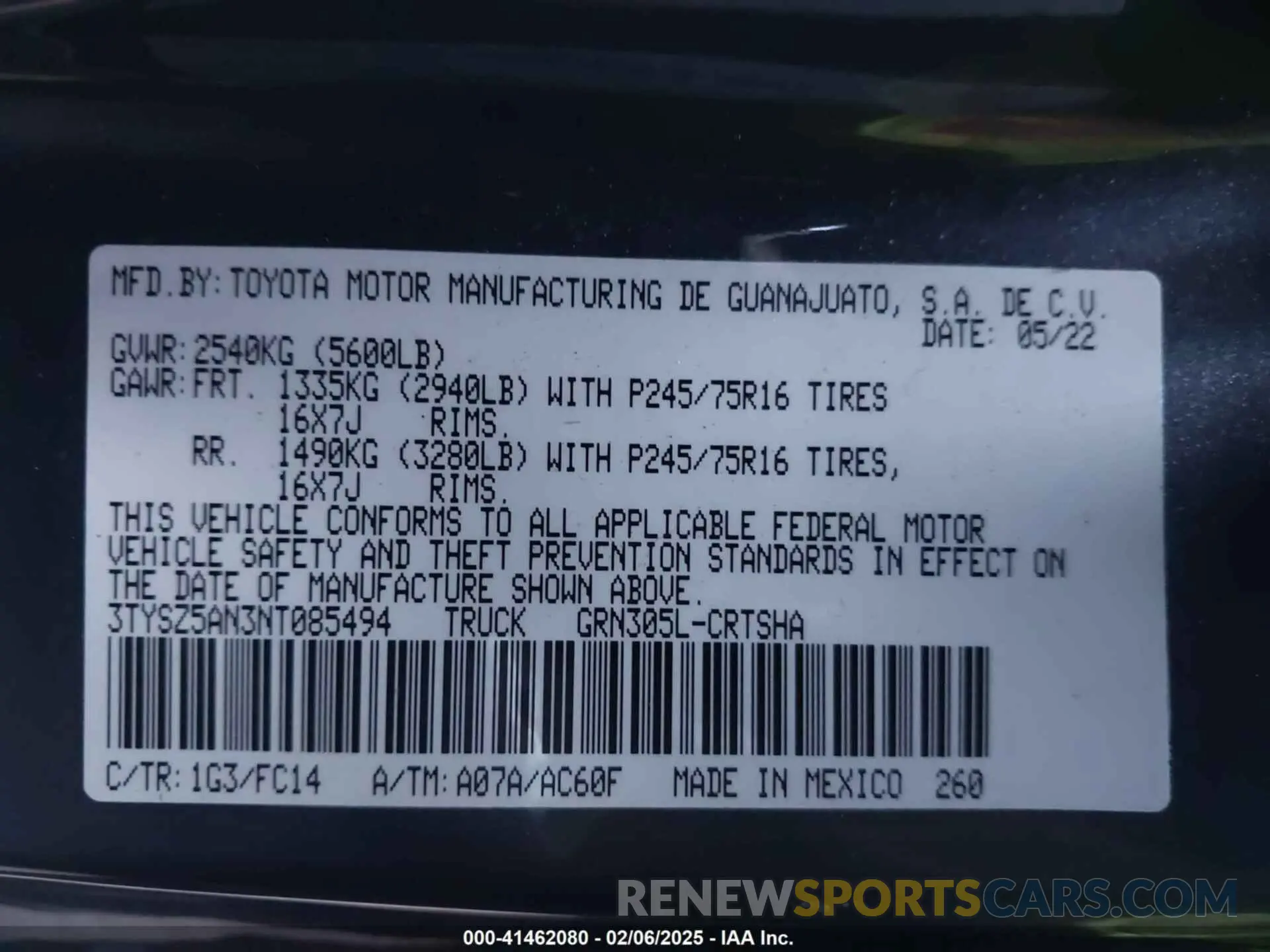 9 fotografías del automóvil dañado 3TYSZ5AN3NT085494 TOYOTA TACOMA 2022